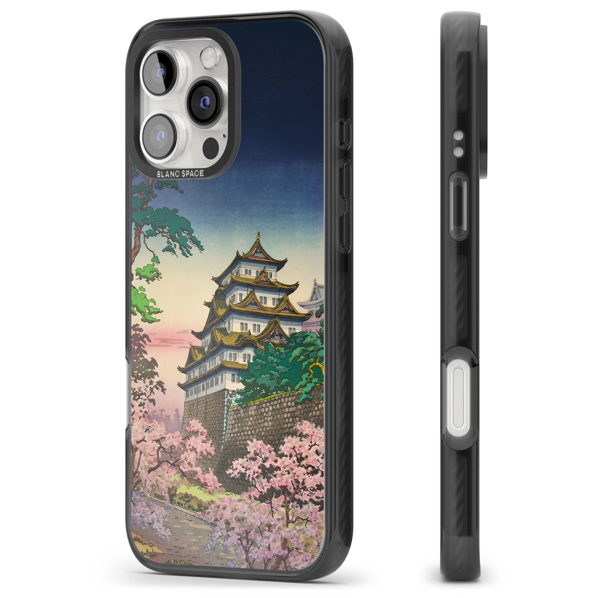 Nagoya Castle Japanese iPhone case featuring a vintage pagoda, twilight sky and cherry blossom trees | Black Impact Magsafe case for iPhone 16 Pro, iPhone 16 Pro Max