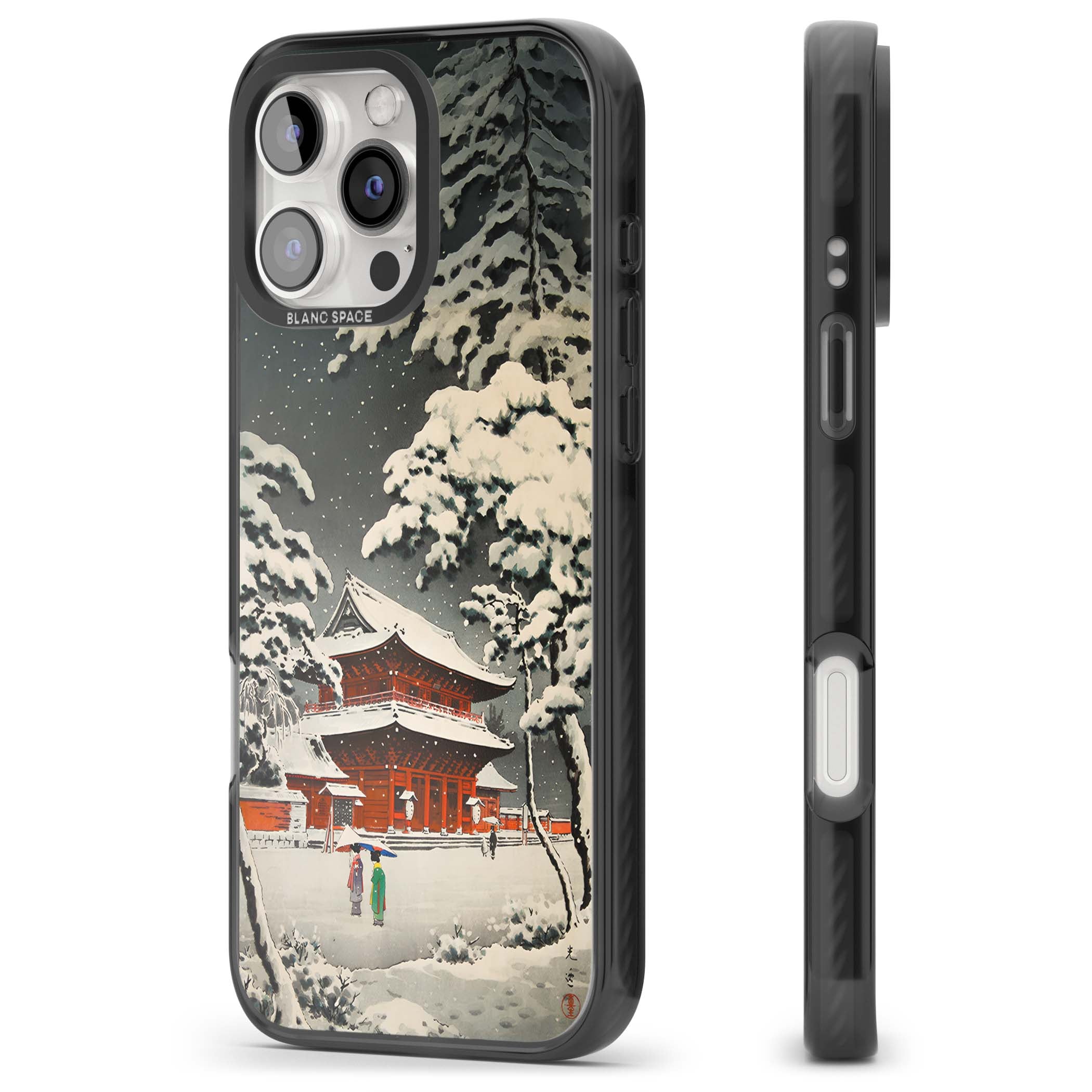Snow at Shiha Park, Tokyo Japanese art iPhone case featuring a vintage ukiyo-e snowy temple, red pagoda, and snow-covered pin | Black Impact Magsafe case for iPhone 16 Pro, iPhone 16 Pro Max