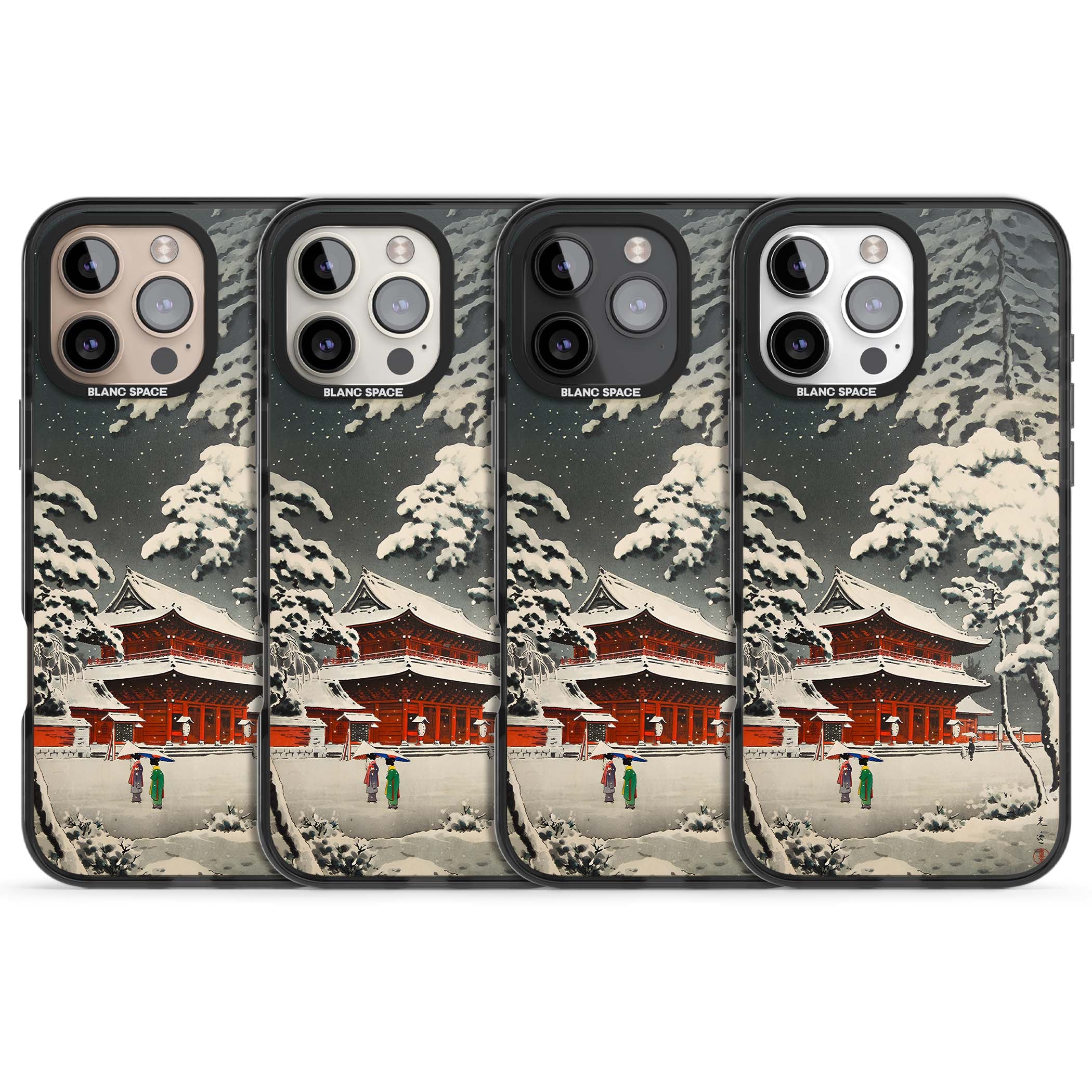 Snow at Shiha Park, Tokyo Japanese art iPhone case featuring a vintage ukiyo-e snowy temple, red pagoda, and snow-covered pin | Black Impact Magsafe case for iPhone 16 Pro, iPhone 16 Pro Max