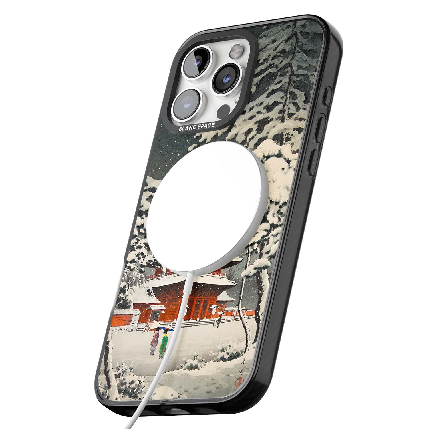 Snow at Shiha Park, Tokyo Japanese art iPhone case featuring a vintage ukiyo-e snowy temple, red pagoda, and snow-covered pin | Black Impact Magsafe case for iPhone 16 Pro, iPhone 16 Pro Max