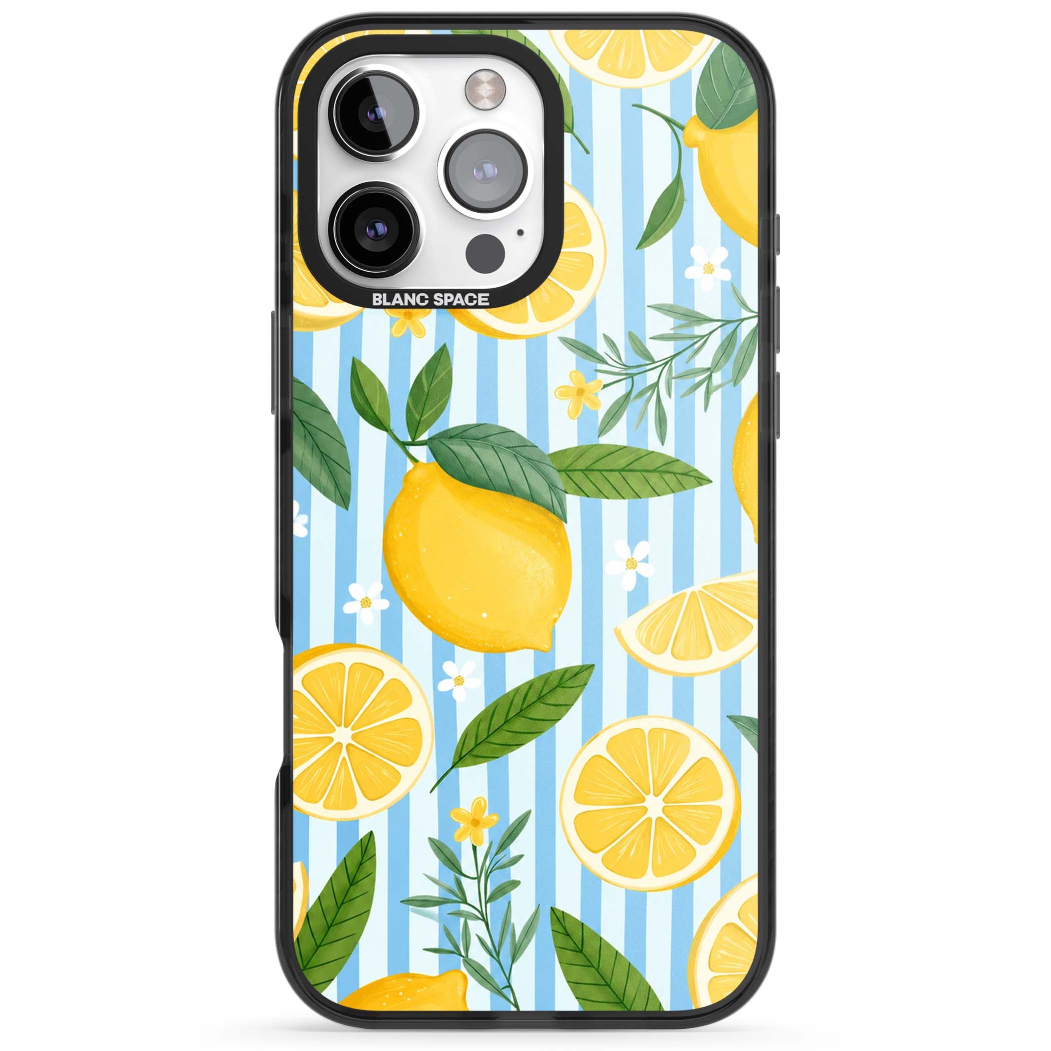 Capri Citrus Stripe coastal iPhone case featuring yellow lemons, blue stripes, and white daisy blossoms | Black Impact Magsafe case for iPhone 16 Pro, iPhone 16 Pro Max