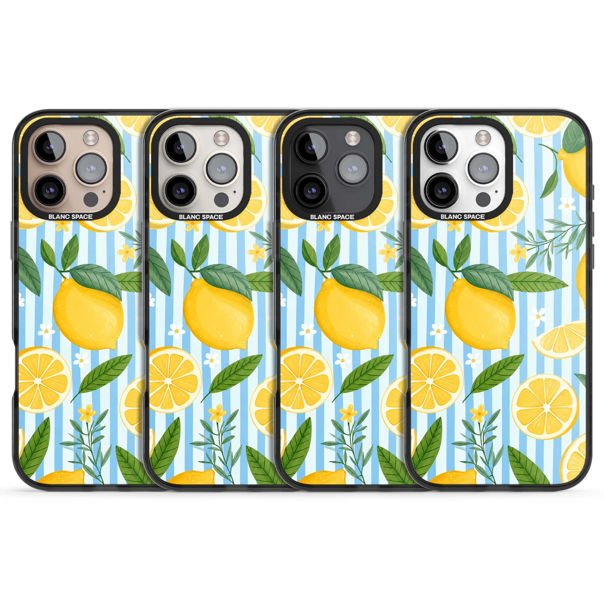 Capri Citrus Stripe coastal iPhone case featuring yellow lemons, blue stripes, and white daisy blossoms | Black Impact Magsafe case for iPhone 16 Pro, iPhone 16 Pro Max