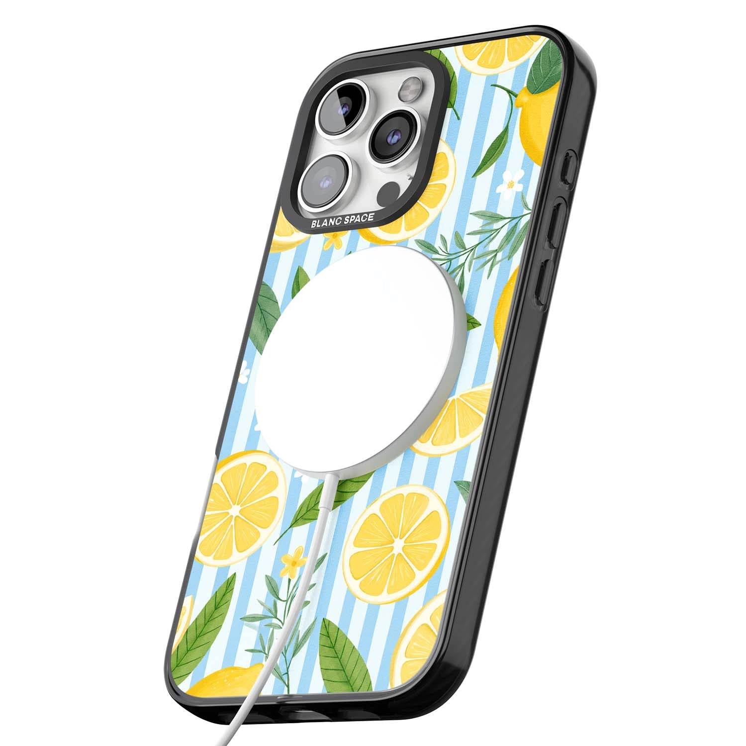 Capri Citrus Stripe coastal iPhone case featuring yellow lemons, blue stripes, and white daisy blossoms | Black Impact Magsafe case for iPhone 16 Pro, iPhone 16 Pro Max
