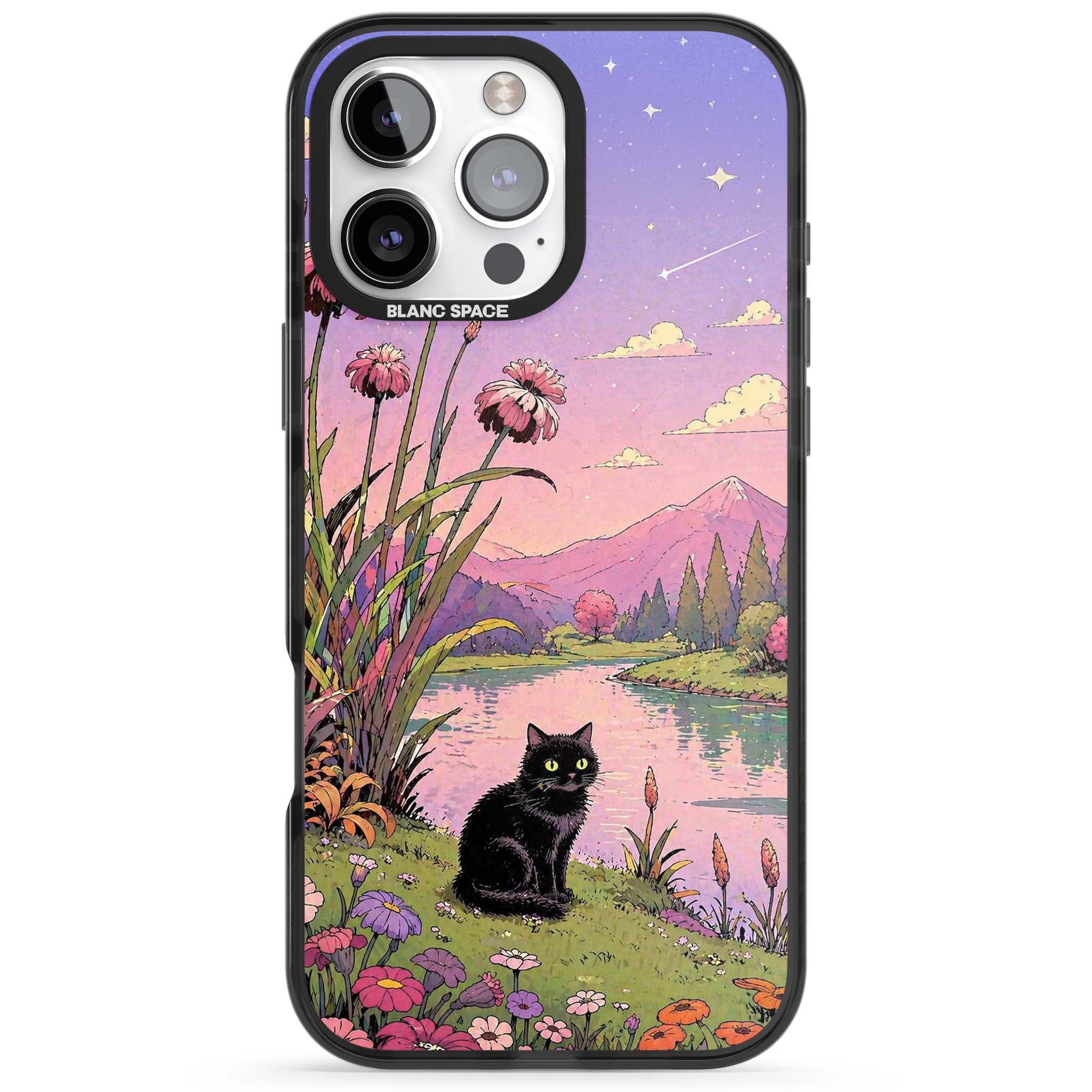 Mystic Whiskers ghibli iPhone case featuring a black cat by a pastel lake, wildflowers and a starry sunset sky | Black Impact Magsafe case for iPhone 16 Pro, iPhone 16 Pro Max