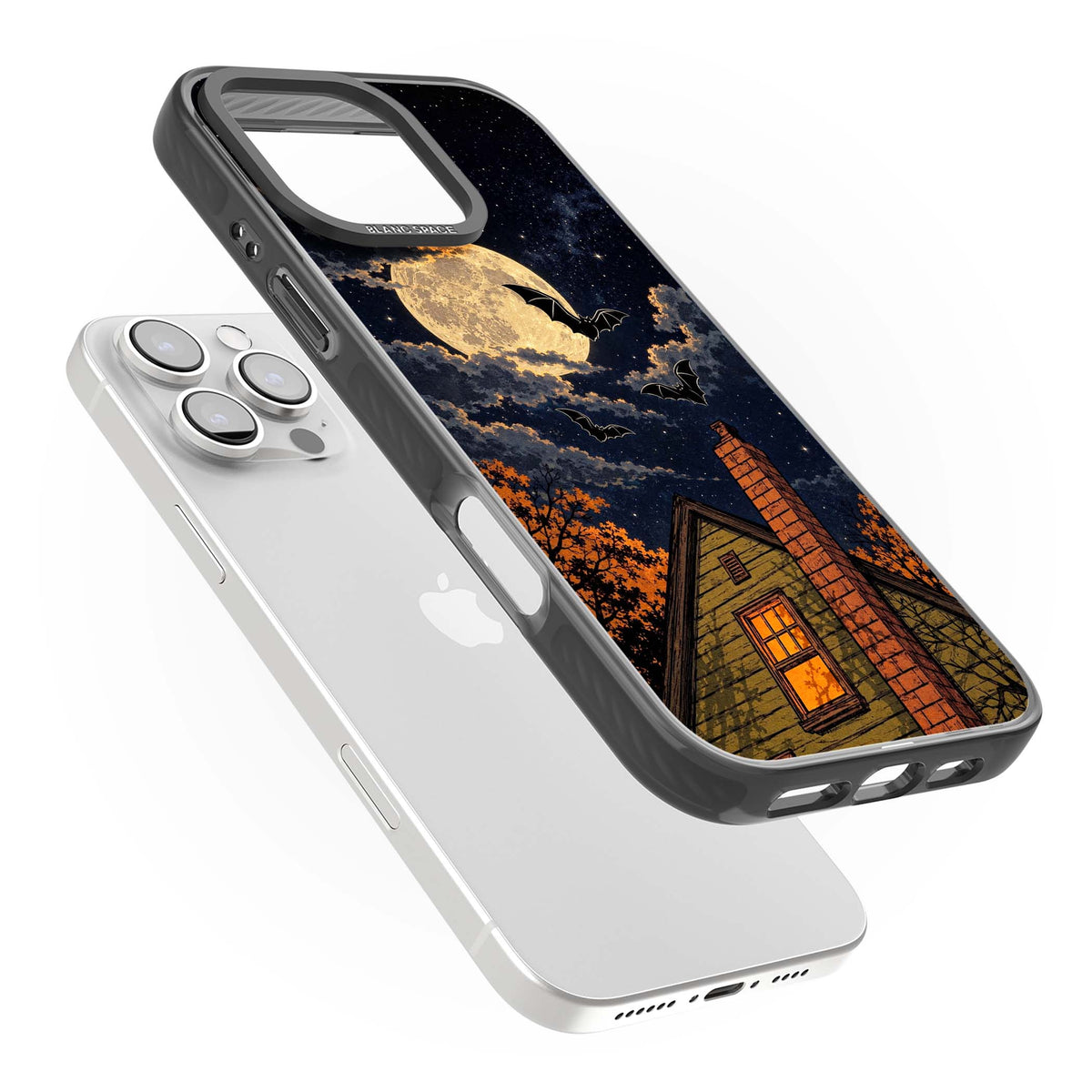 Hollows Eve Halloween iPhone case featuring a haunted house, full moon and flying bats against a starry autumn sky | Black Impact Magsafe case for iPhone 16 Pro, iPhone 16 Pro Max