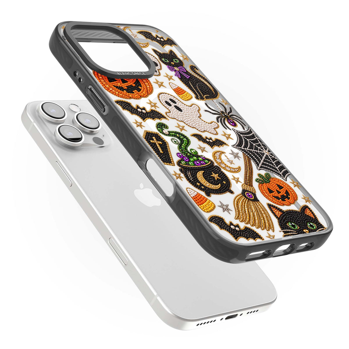 Beaded Halloween Halloween iPhone case featuring beaded pumpkins, ghosts, black cats and bats | Black Impact Magsafe case for iPhone 16 Pro, iPhone 16 Pro Max