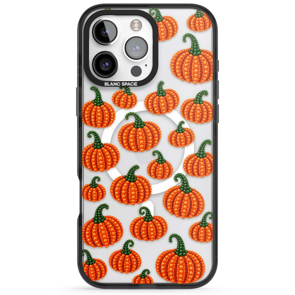 Beaded Pumpkins halloween iPhone case featuring beaded orange pumpkins with green stems on a clear background | Black Impact Magsafe case for iPhone 16 Pro, iPhone 16 Pro Max