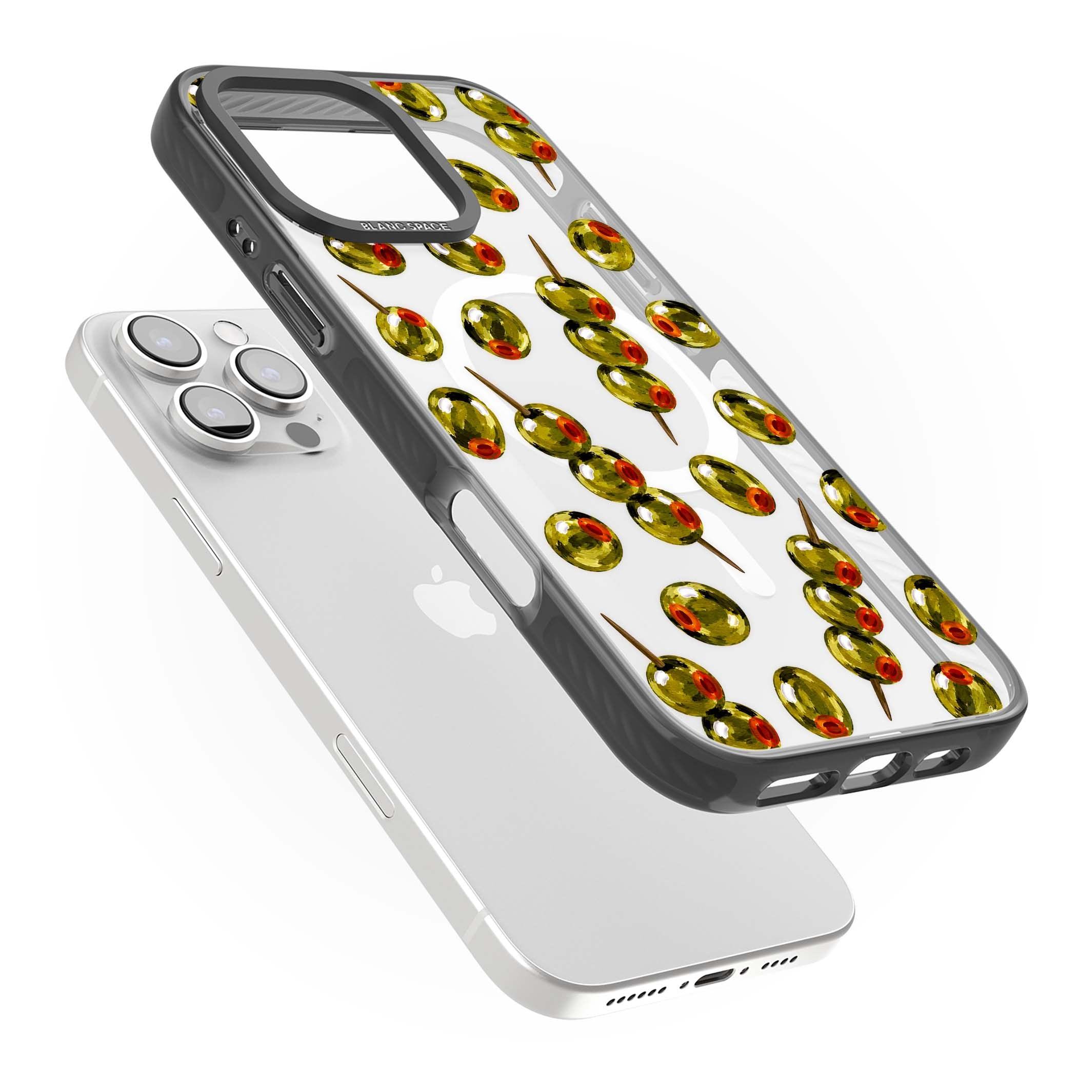 Painted Olives cocktail iPhone case featuring green olives, pimento centres and toothpick skewers on a clear background | Black Impact Magsafe case for iPhone 16 Pro, iPhone 16 Pro Max