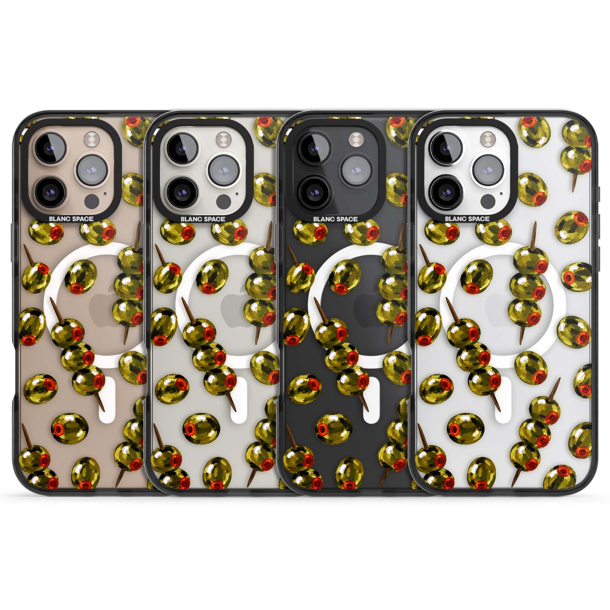 Painted Olives cocktail iPhone case featuring green olives, pimento centres and toothpick skewers on a clear background | Black Impact Magsafe case for iPhone 16 Pro, iPhone 16 Pro Max