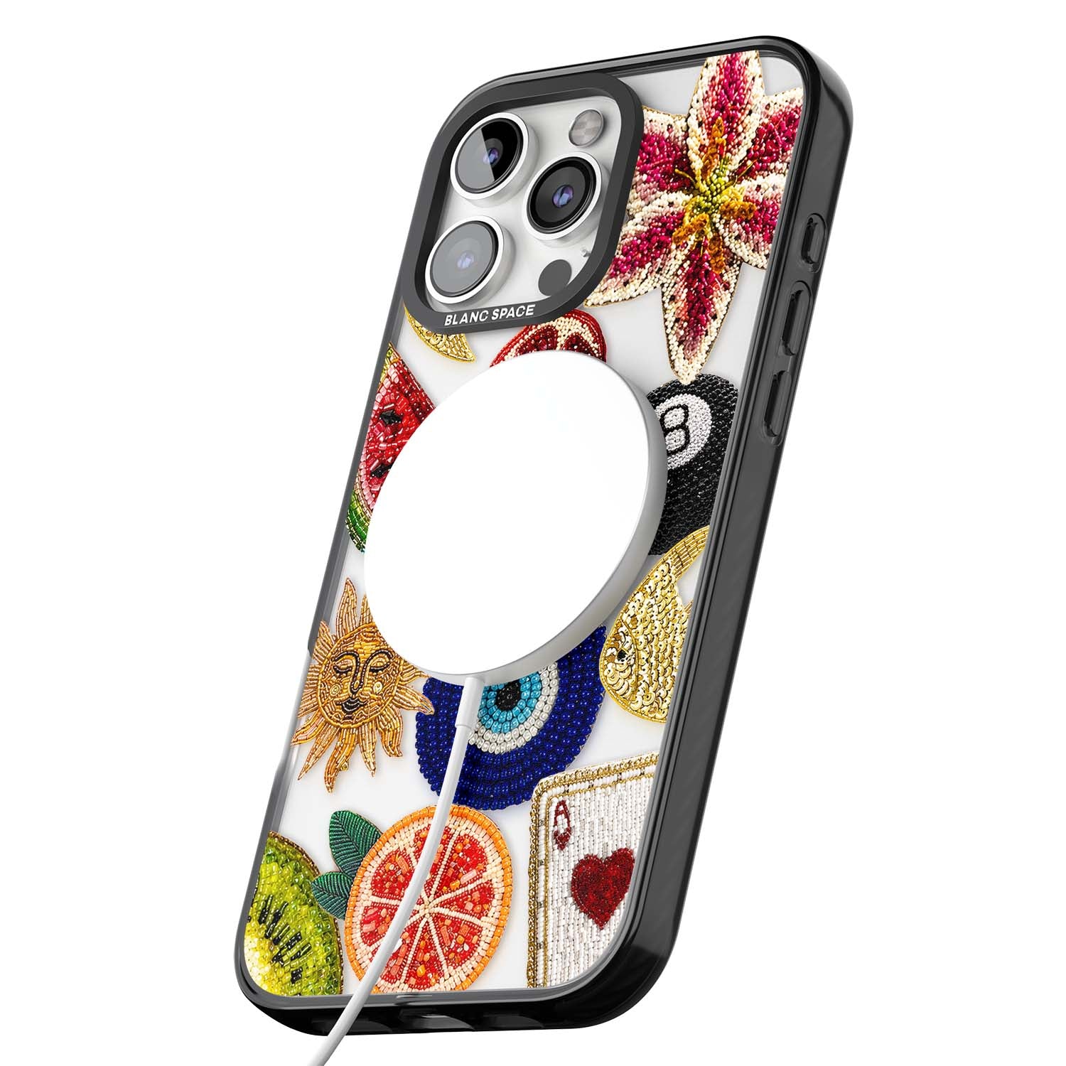Beaded Charms embroidery iPhone case featuring beaded evil eye, fruit patches and a golden sun motif | Black Impact Magsafe case for iPhone 16 Pro, iPhone 16 Pro Max