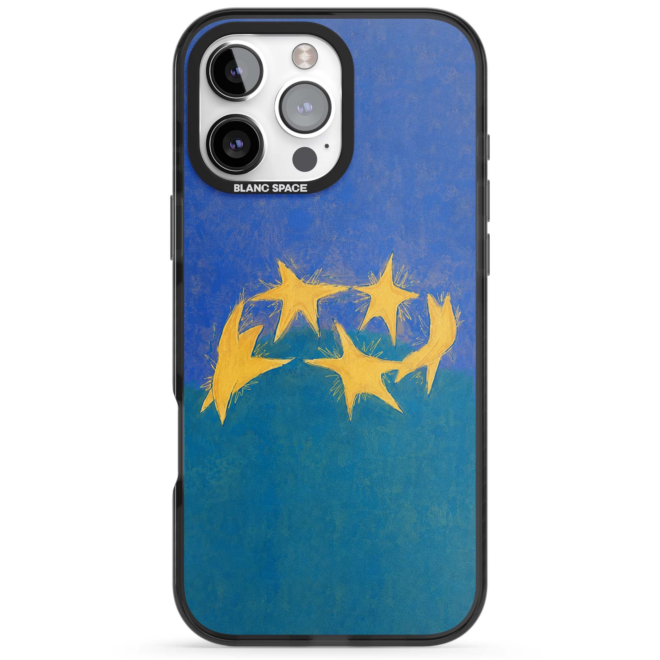 Star Boogie stars aesthetic iPhone case featuring five yellow hand-painted stars on cobalt blue and teal | Black Impact Magsafe case for iPhone 16 Pro, iPhone 16 Pro Max