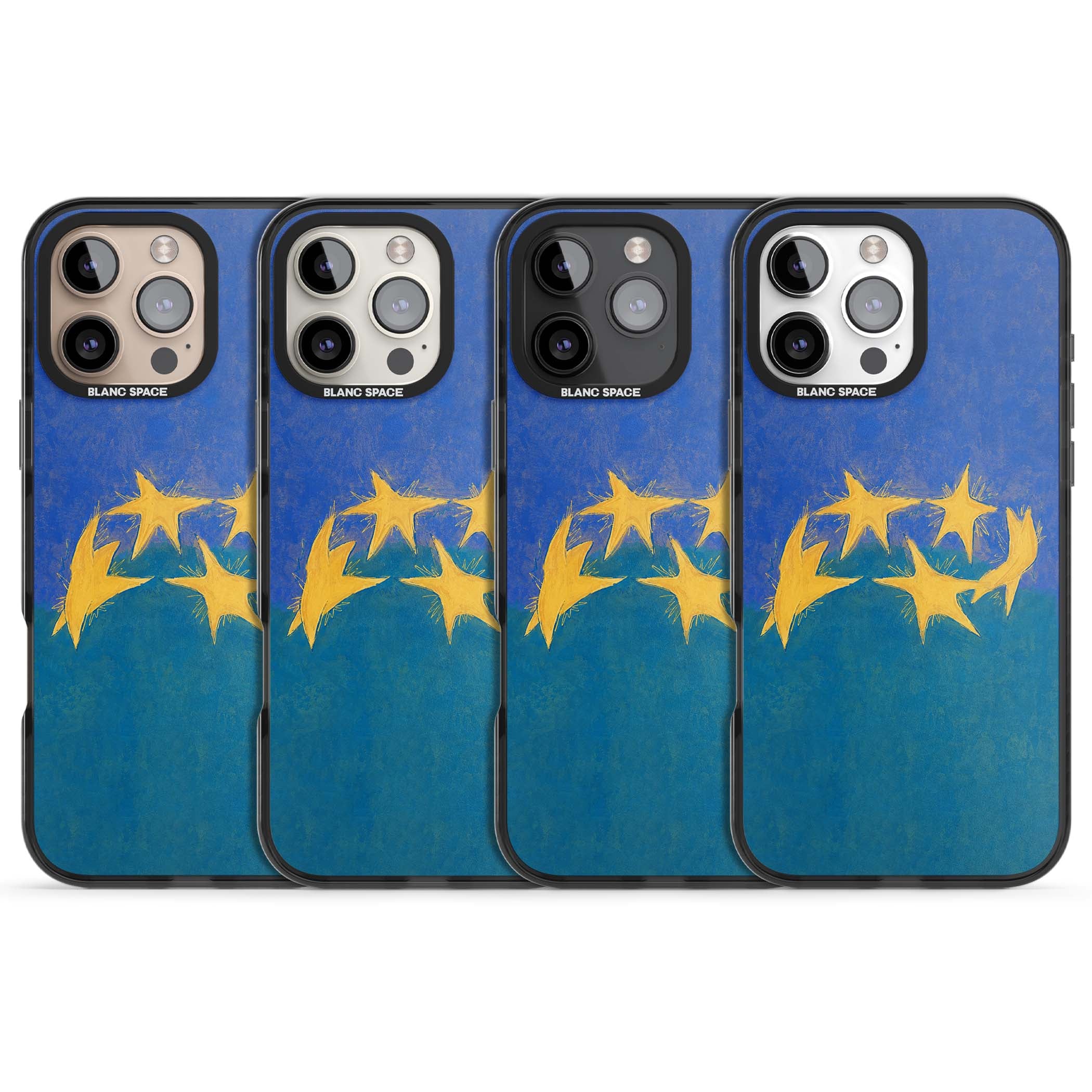 Star Boogie stars aesthetic iPhone case featuring five yellow hand-painted stars on cobalt blue and teal | Black Impact Magsafe case for iPhone 16 Pro, iPhone 16 Pro Max