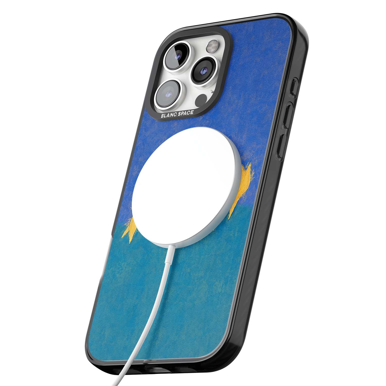 Star Boogie stars aesthetic iPhone case featuring five yellow hand-painted stars on cobalt blue and teal | Black Impact Magsafe case for iPhone 16 Pro, iPhone 16 Pro Max