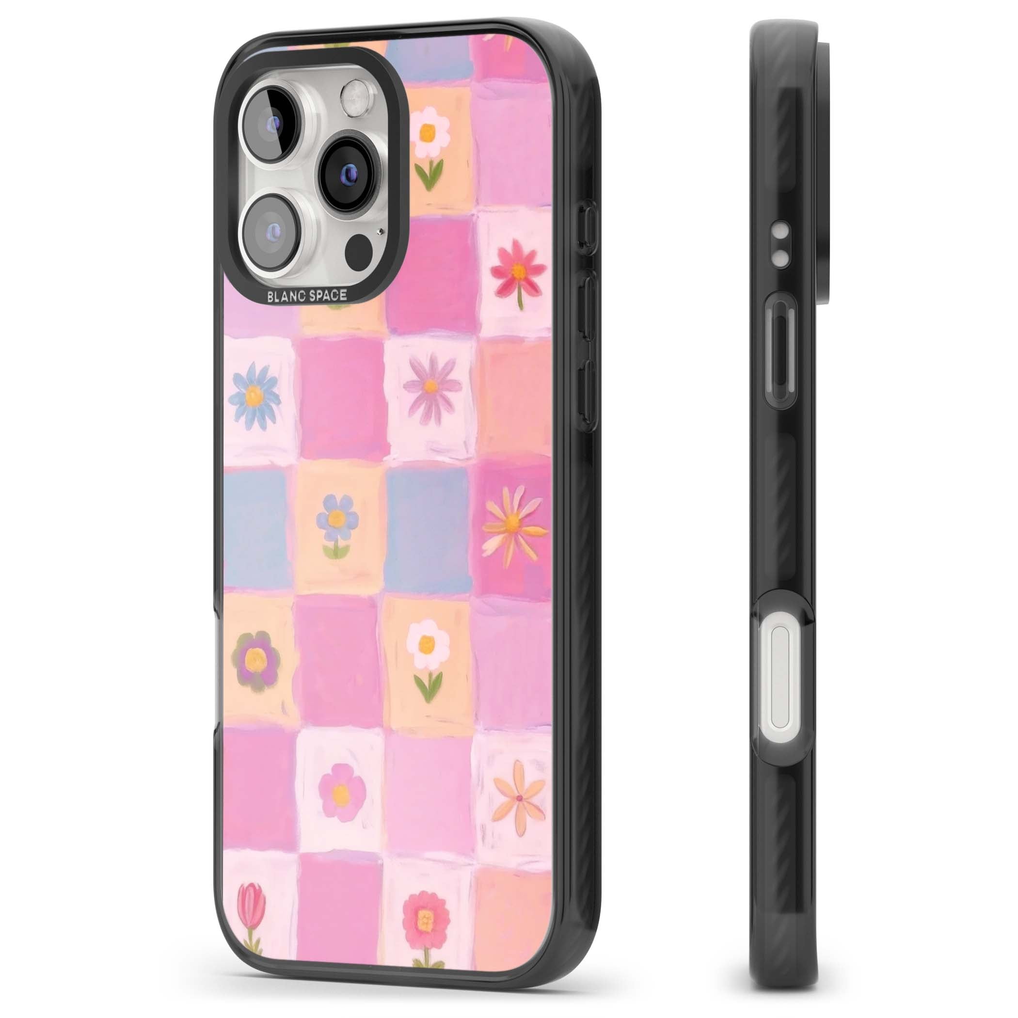 Pastel Flower Patchwork cottagecore iPhone case featuring painted pink and lilac squares with daisies and wildflowers | Black Impact Magsafe case for iPhone 16 Pro, iPhone 16 Pro Max