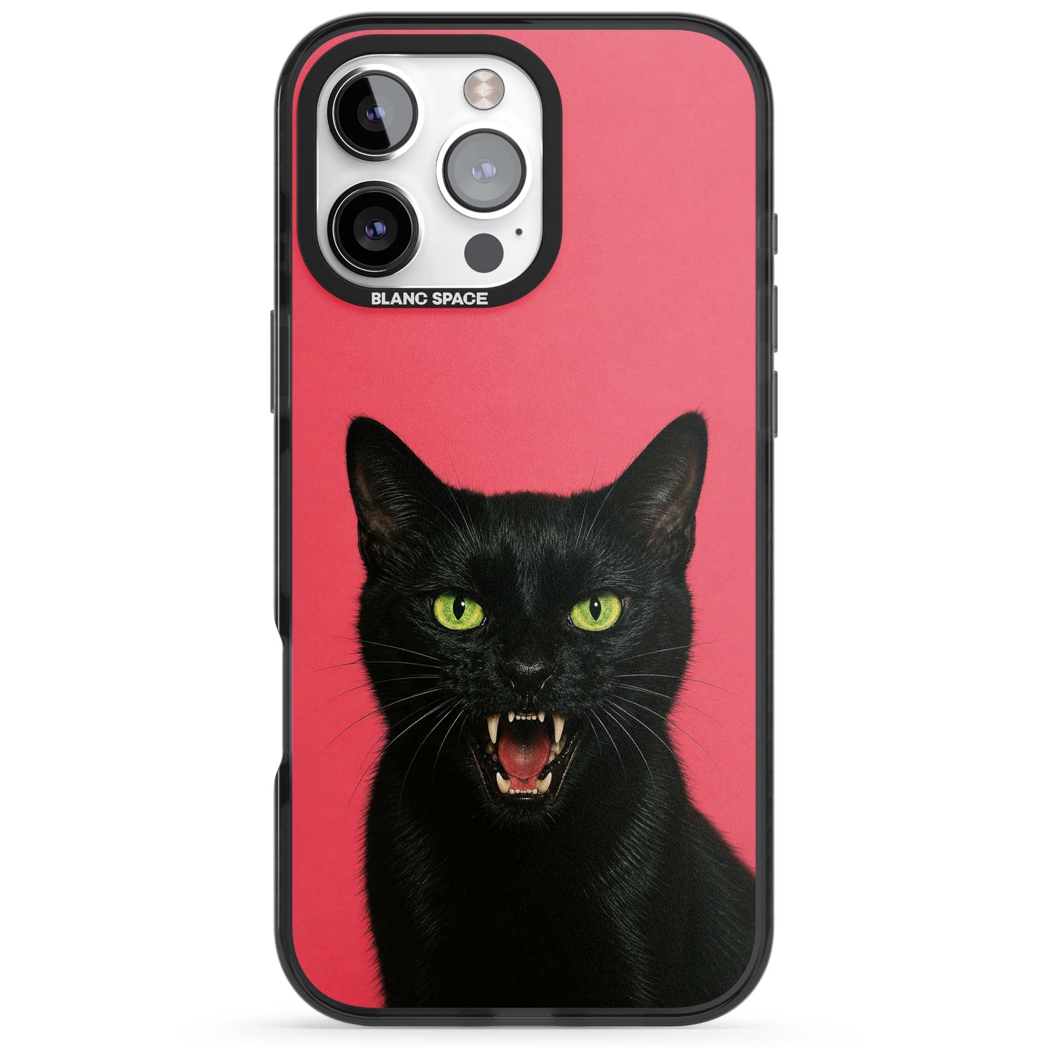 Hissin' Baddie black cat iPhone case featuring a hissing feline with green eyes on a hot pink background | Black Impact Magsafe case for iPhone 16 Pro, iPhone 16 Pro Max