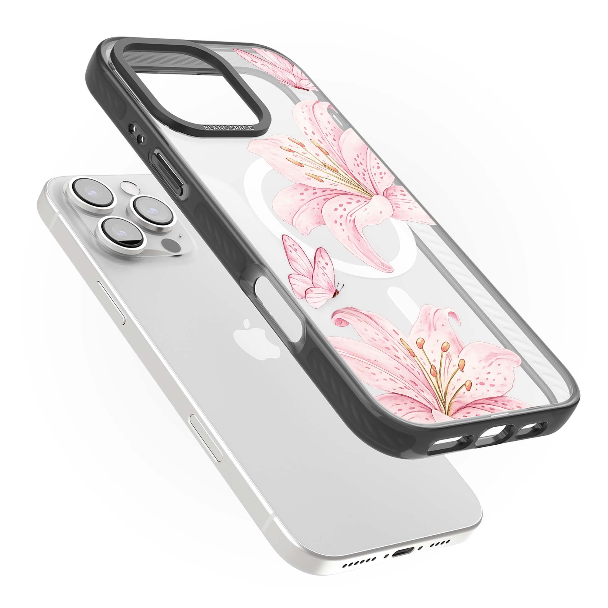 Lily Whisper floral iPhone case featuring pink watercolour lilies and delicate butterflies on a clear background | Black Impact Magsafe case for iPhone 16 Pro, iPhone 16 Pro Max