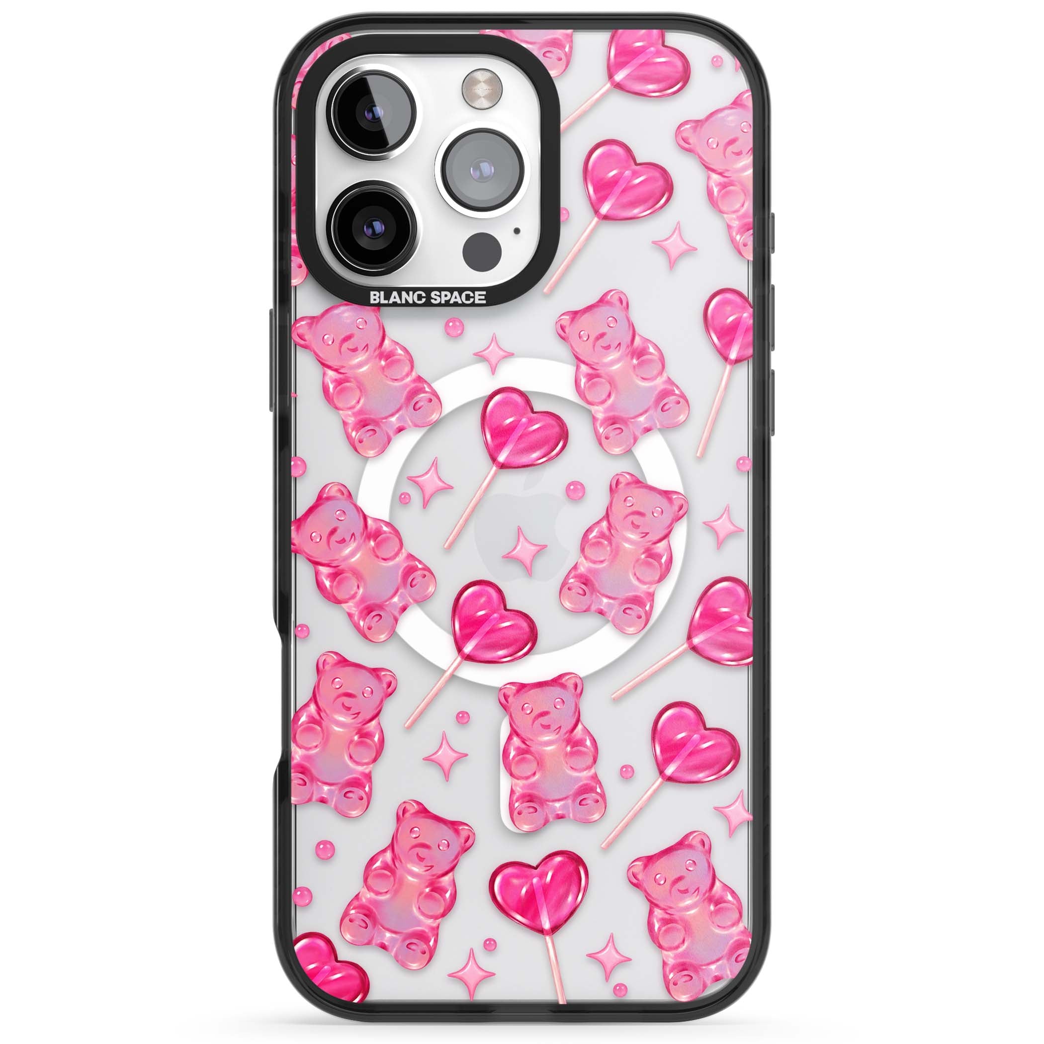 Pink Sugar pinkcore iPhone case featuring pink gummy bears, heart-shaped lollipops and sparkle stars | Black Impact Magsafe case for iPhone 16 Pro, iPhone 16 Pro Max