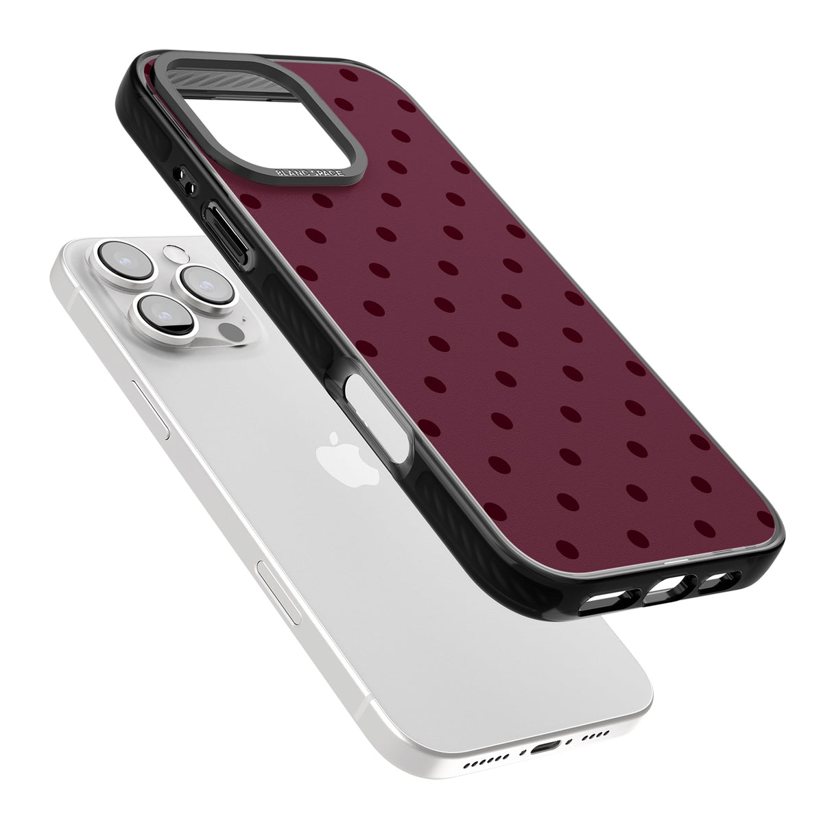 Burgundy Polka Dot minimalist iPhone case featuring black polka dots on a deep burgundy wine red background iPhone 16 Pro / iPhone 16 Pro Max Impact Pro Black Phone Case angled