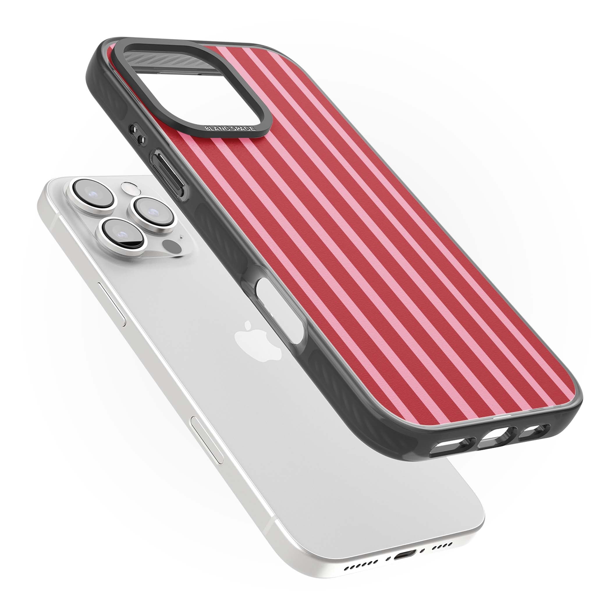 Raspberry Stripe coquette iPhone case featuring red and pink vertical stripes in a candy-inspired pattern | Black Impact Magsafe case for iPhone 16 Pro, iPhone 16 Pro Max