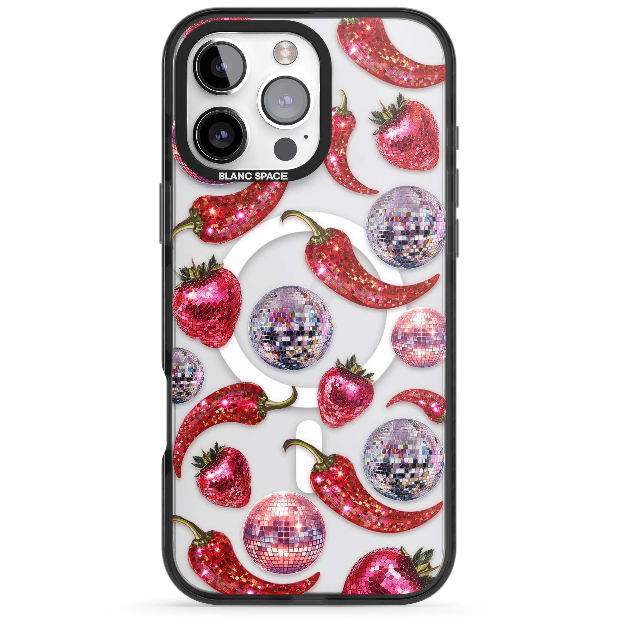 Spicy Disco Y2K iPhone case featuring glitter disco balls, sparkly strawberries and red chilli peppers | Black Impact Magsafe case for iPhone 16 Pro, iPhone 16 Pro Max