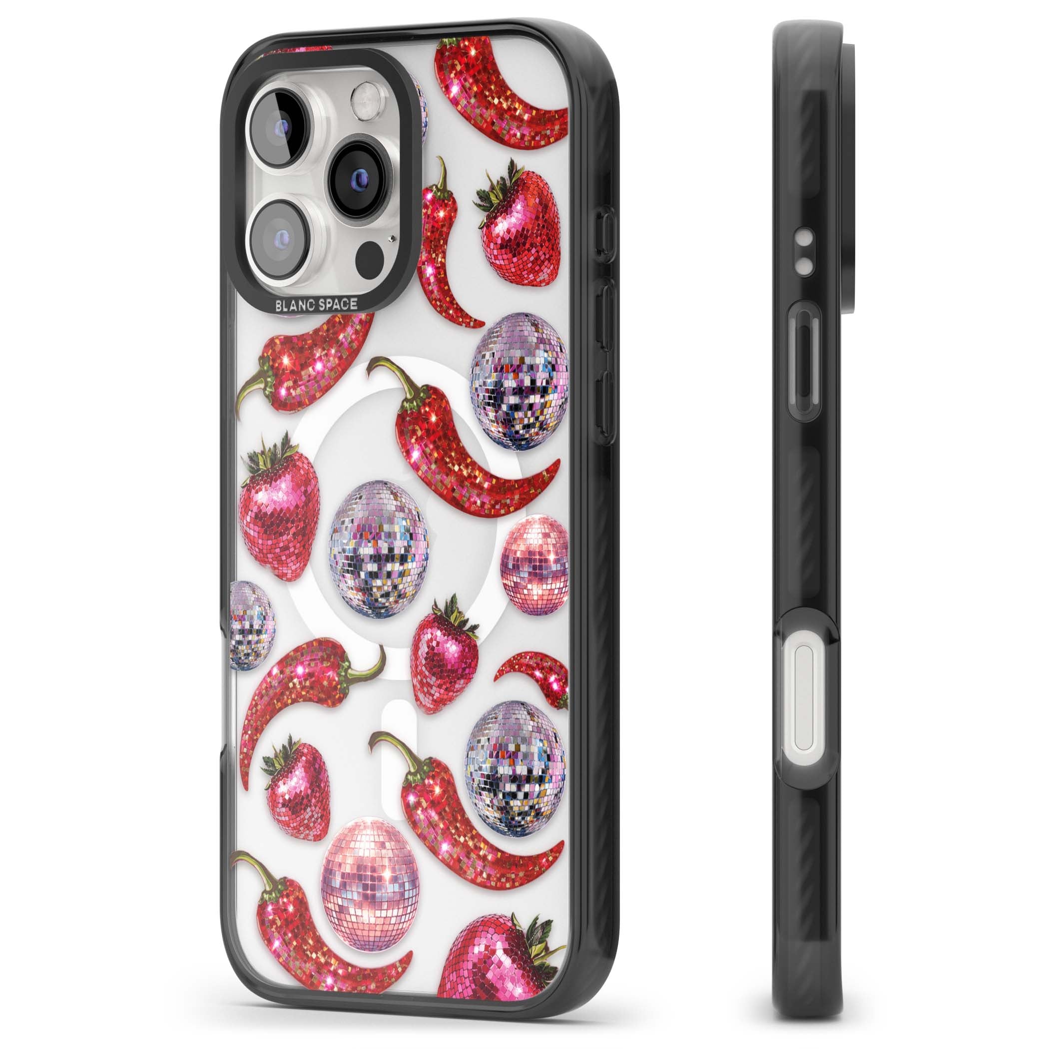 Spicy Disco Y2K iPhone case featuring glitter disco balls, sparkly strawberries and red chilli peppers | Black Impact Magsafe case for iPhone 16 Pro, iPhone 16 Pro Max