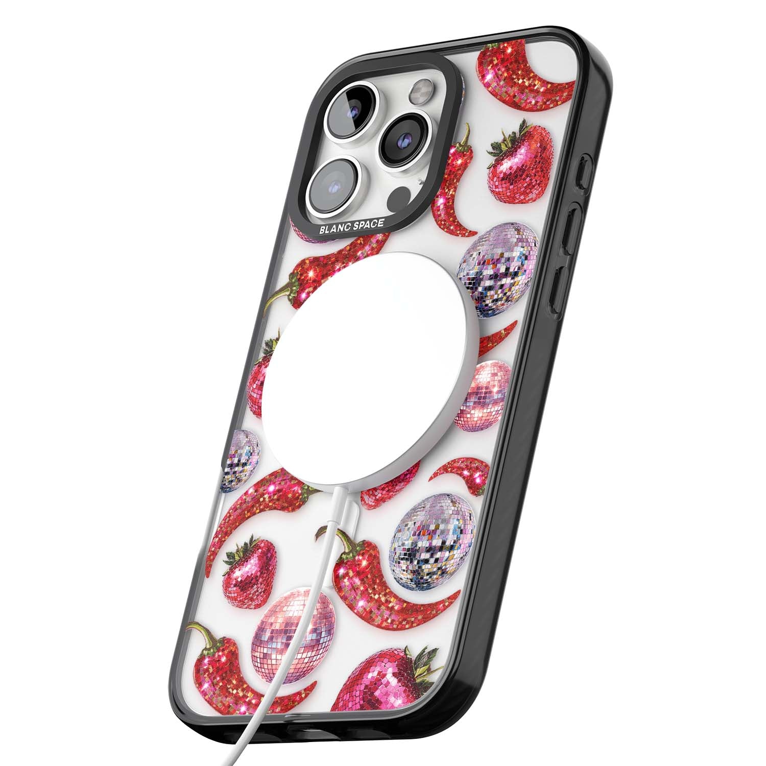 Spicy Disco Y2K iPhone case featuring glitter disco balls, sparkly strawberries and red chilli peppers | Black Impact Magsafe case for iPhone 16 Pro, iPhone 16 Pro Max