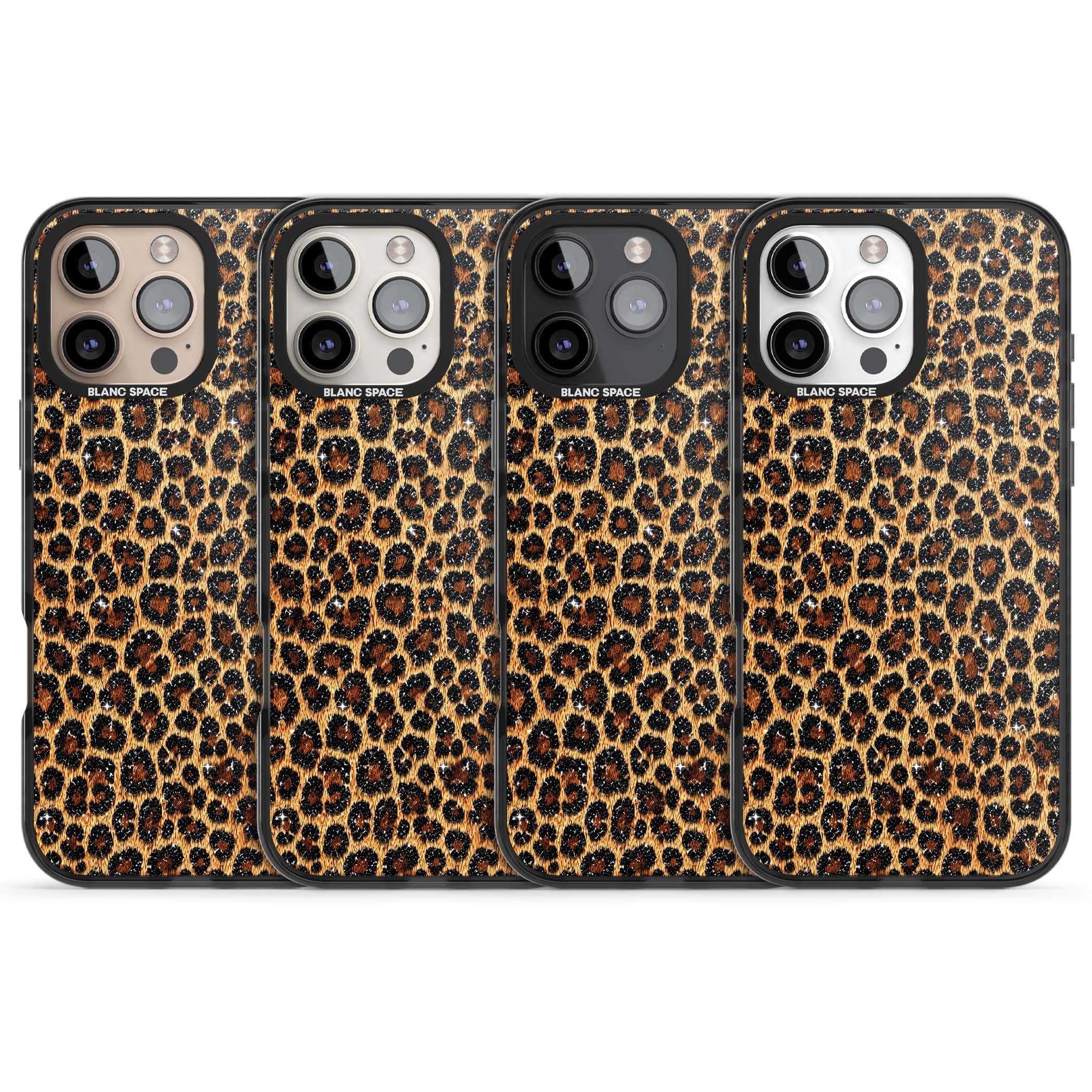 Diamond Leopard leopard print iPhone case featuring golden tan fur, black rosette spots and subtle glitter sparkle | Black Impact Magsafe case for iPhone 16 Pro, iPhone 16 Pro Max