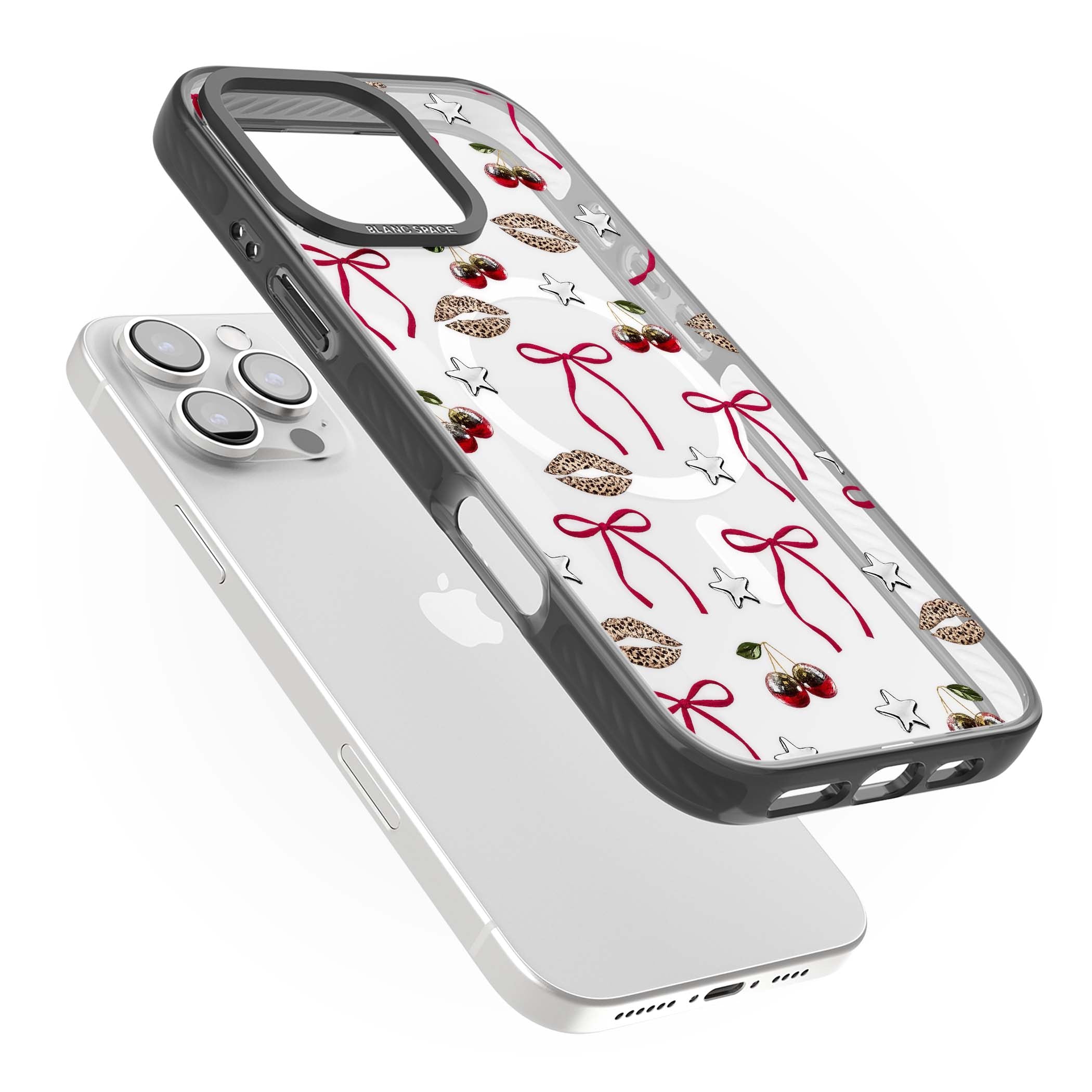 Starlet coquette iPhone case featuring red ribbon bows, disco cherries and leopard-print lips | Black Impact Magsafe case for iPhone 16 Pro, iPhone 16 Pro Max