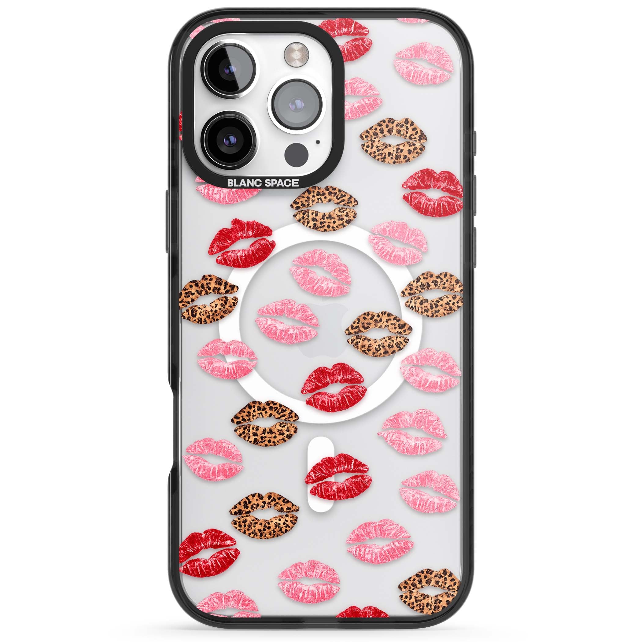 Wild Kisses coquette iPhone case featuring red, pink and leopard print lipstick kiss marks on a clear background | Black Impact Magsafe case for iPhone 16 Pro, iPhone 16 Pro Max
