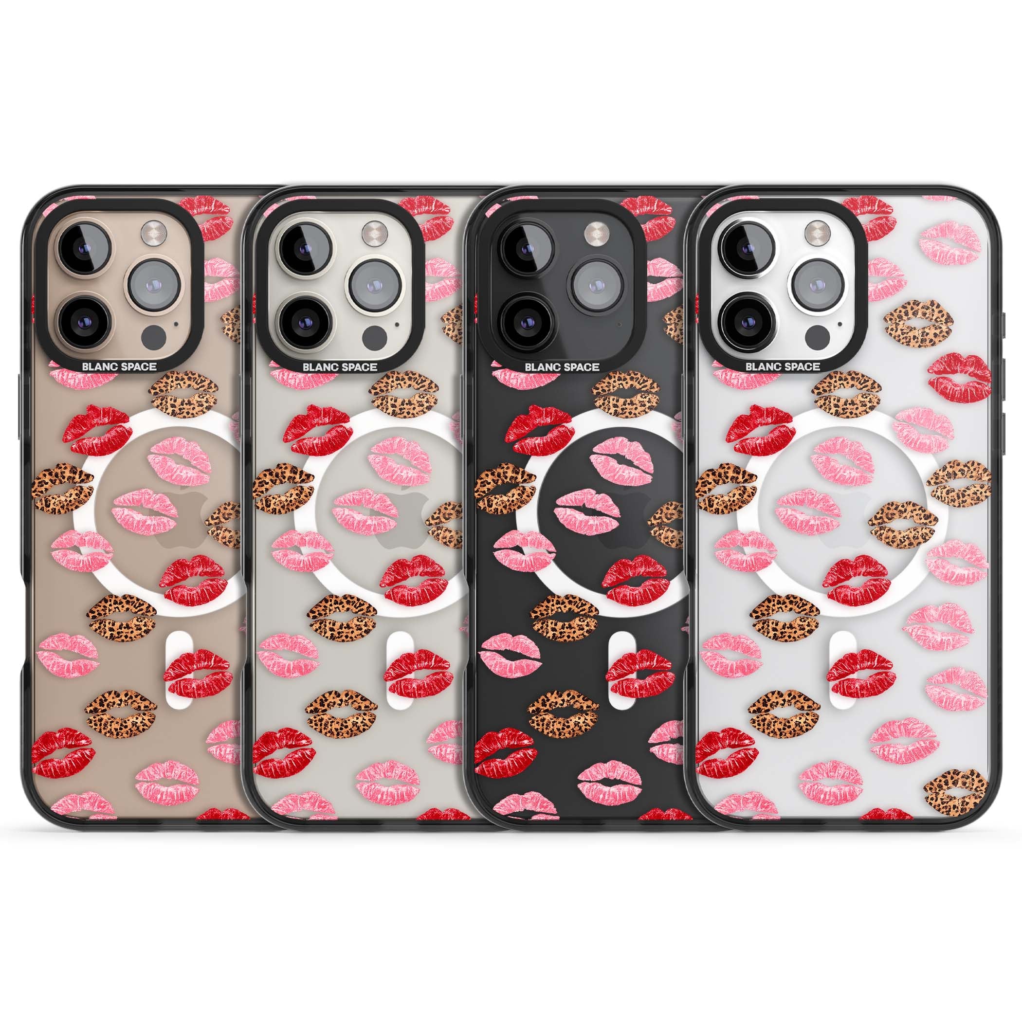Wild Kisses coquette iPhone case featuring red, pink and leopard print lipstick kiss marks on a clear background | Black Impact Magsafe case for iPhone 16 Pro, iPhone 16 Pro Max