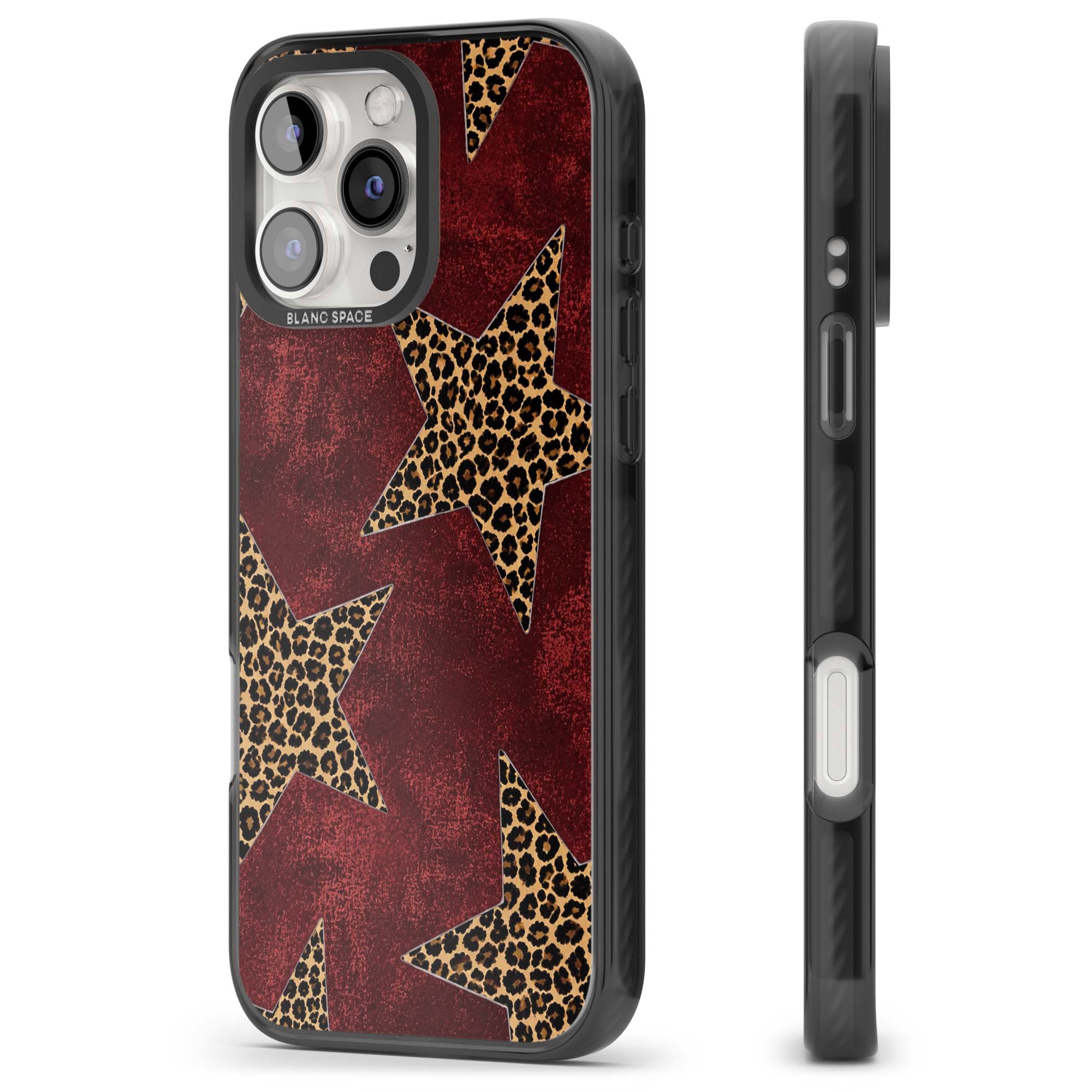 Showgirl leopard print iPhone case featuring cheetah print stars on distressed red grunge background | Black Impact Magsafe case for iPhone 16 Pro, iPhone 16 Pro Max
