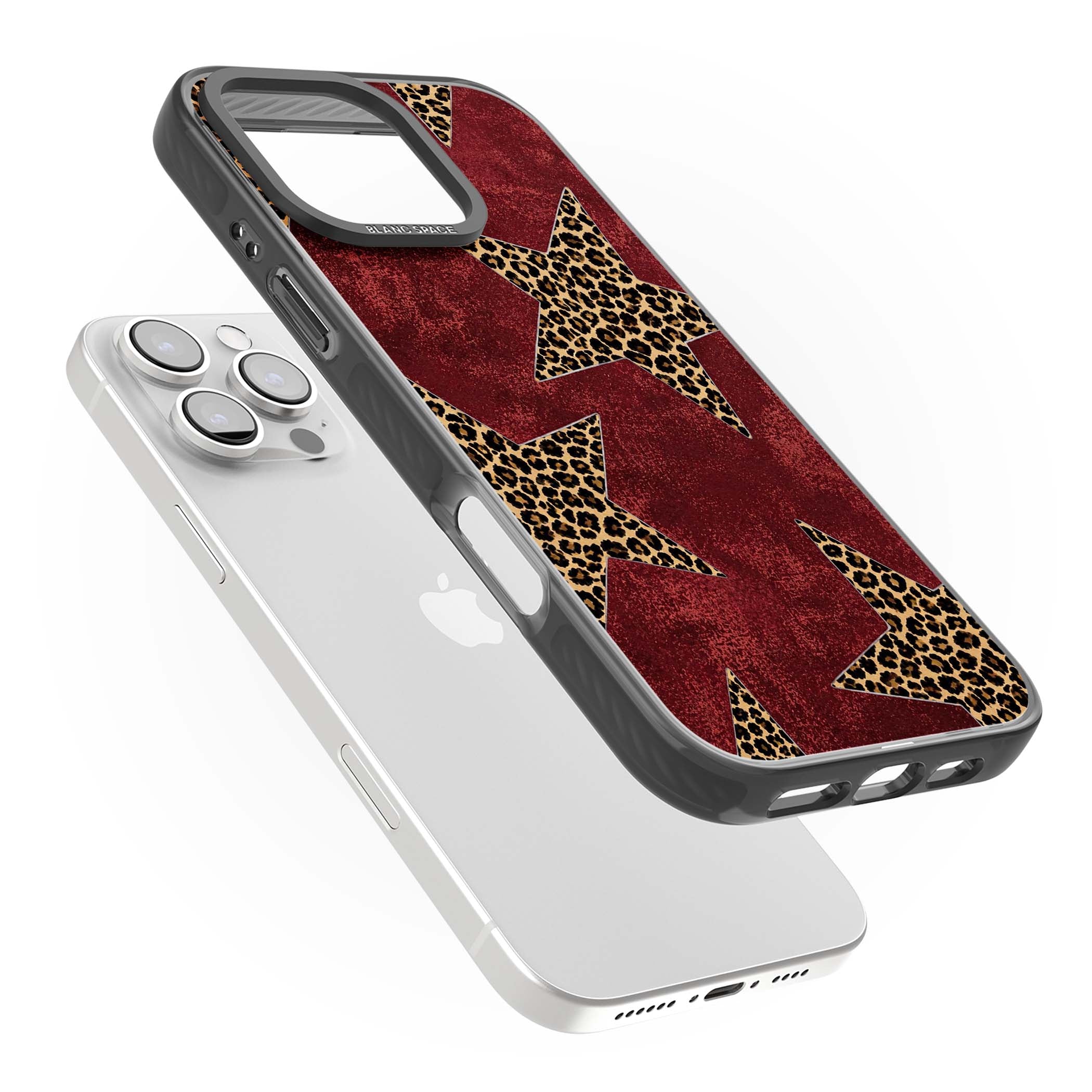 Showgirl leopard print iPhone case featuring cheetah print stars on distressed red grunge background | Black Impact Magsafe case for iPhone 16 Pro, iPhone 16 Pro Max