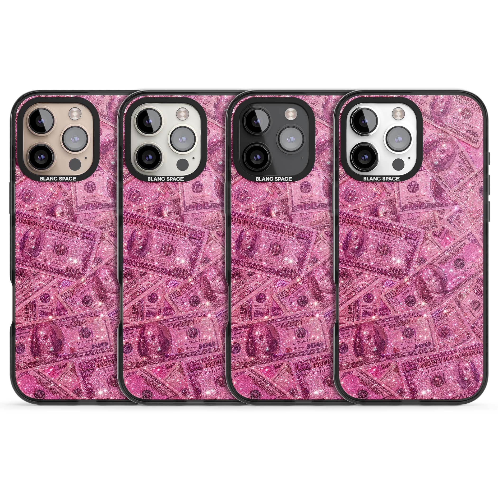 Glamorous baddie iPhone case featuring pink glitter hundred dollar bills and sparkling money wallpaper design | Black Impact Magsafe case for iPhone 16 Pro, iPhone 16 Pro Max