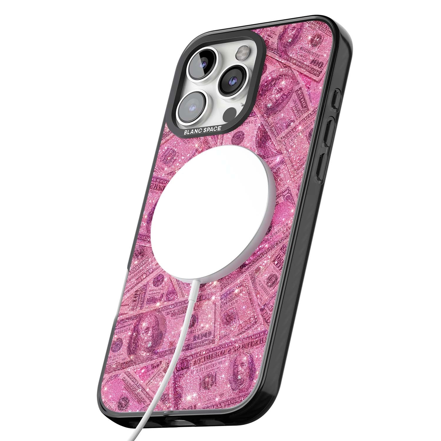 Glamorous baddie iPhone case featuring pink glitter hundred dollar bills and sparkling money wallpaper design | Black Impact Magsafe case for iPhone 16 Pro, iPhone 16 Pro Max