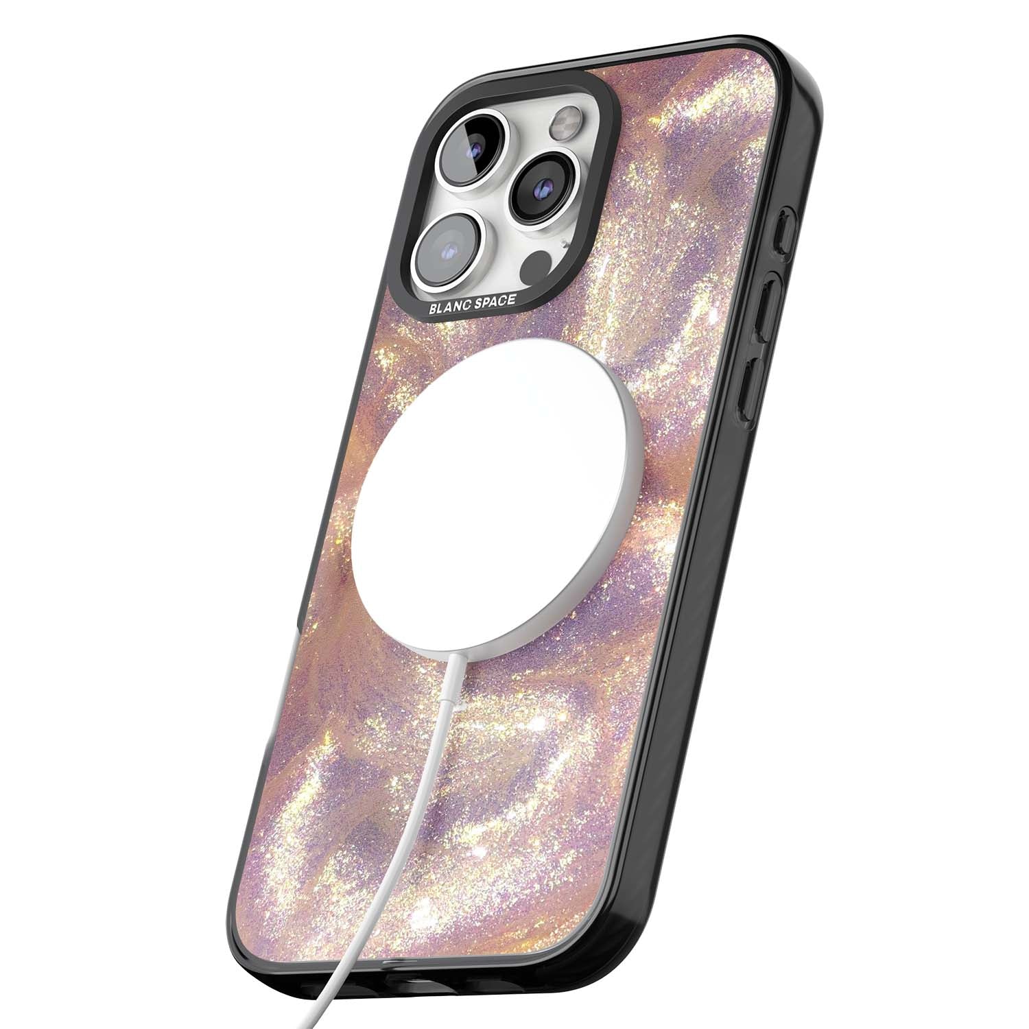 Shimmer marble iPhone case featuring rose gold glitter swirls, lilac shimmer and iridescent pearl finish | Black Impact Magsafe case for iPhone 16 Pro, iPhone 16 Pro Max