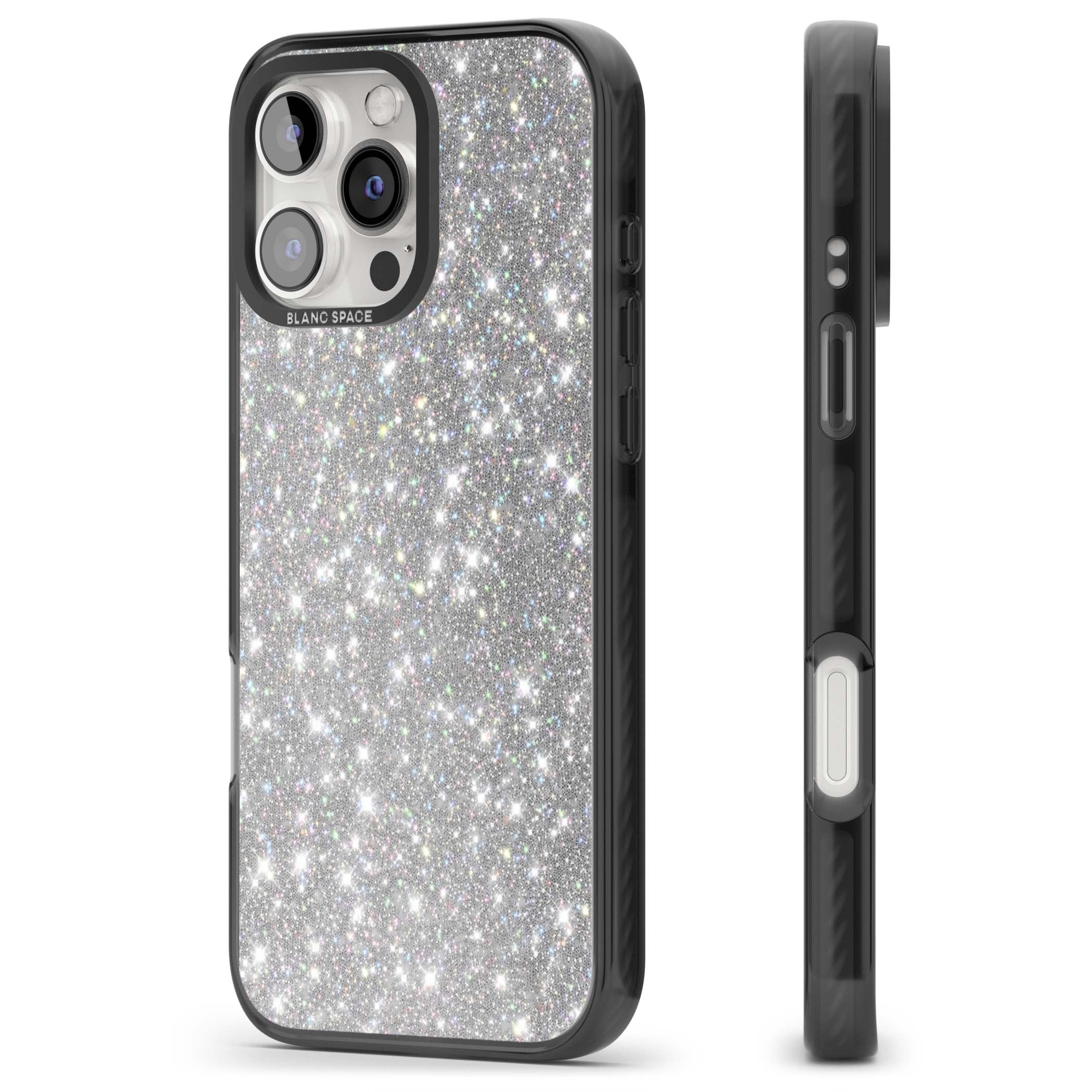 Diamond glam iPhone case featuring silver glitter sparkle and shimmering diamond dust effect | Black Impact Magsafe case for iPhone 16 Pro, iPhone 16 Pro Max