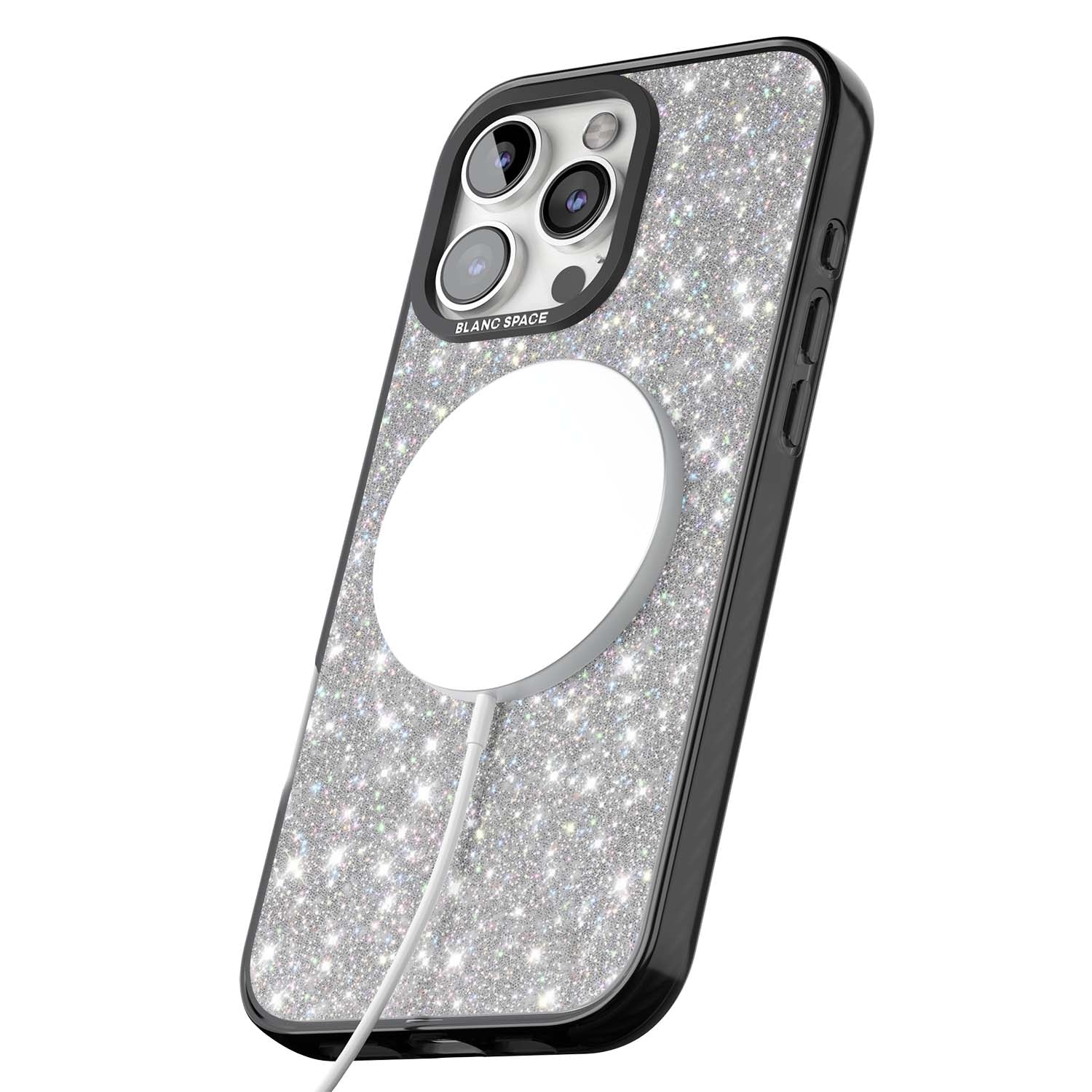 Diamond glam iPhone case featuring silver glitter sparkle and shimmering diamond dust effect | Black Impact Magsafe case for iPhone 16 Pro, iPhone 16 Pro Max