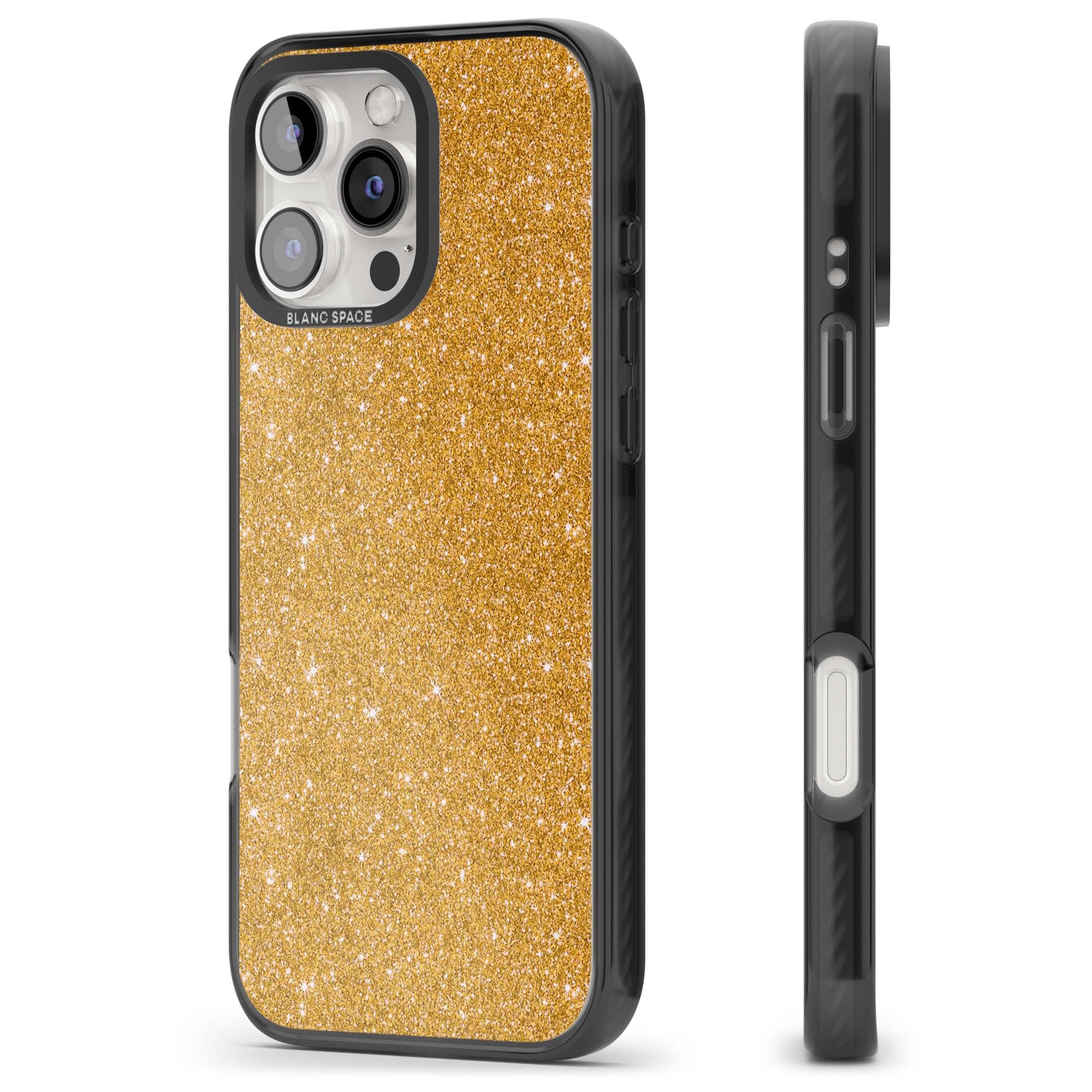 Gold Glitter gold glitter iPhone case featuring a shimmering sparkle wallpaper design in luxury gold | Black Impact Magsafe case for iPhone 16 Pro, iPhone 16 Pro Max