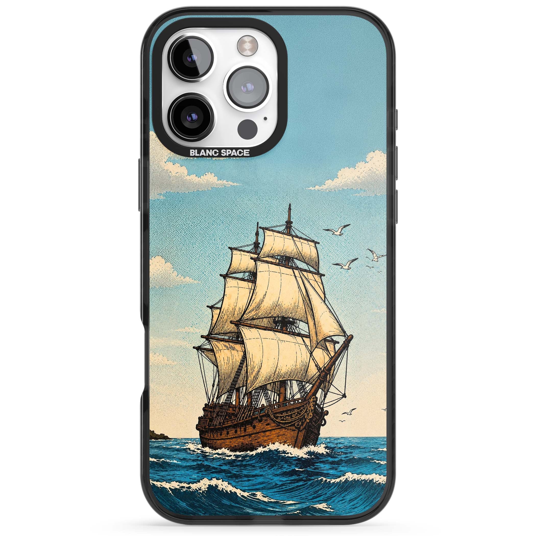 Ship at Sea nautical iPhone case featuring a vintage tall ship, ocean waves and seagulls | Black Impact Magsafe case for iPhone 16 Pro, iPhone 16 Pro Max