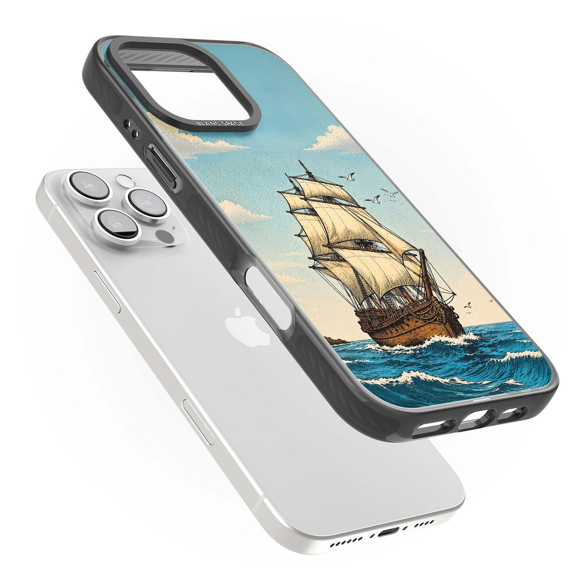 Ship at Sea nautical iPhone case featuring a vintage tall ship, ocean waves and seagulls | Black Impact Magsafe case for iPhone 16 Pro, iPhone 16 Pro Max
