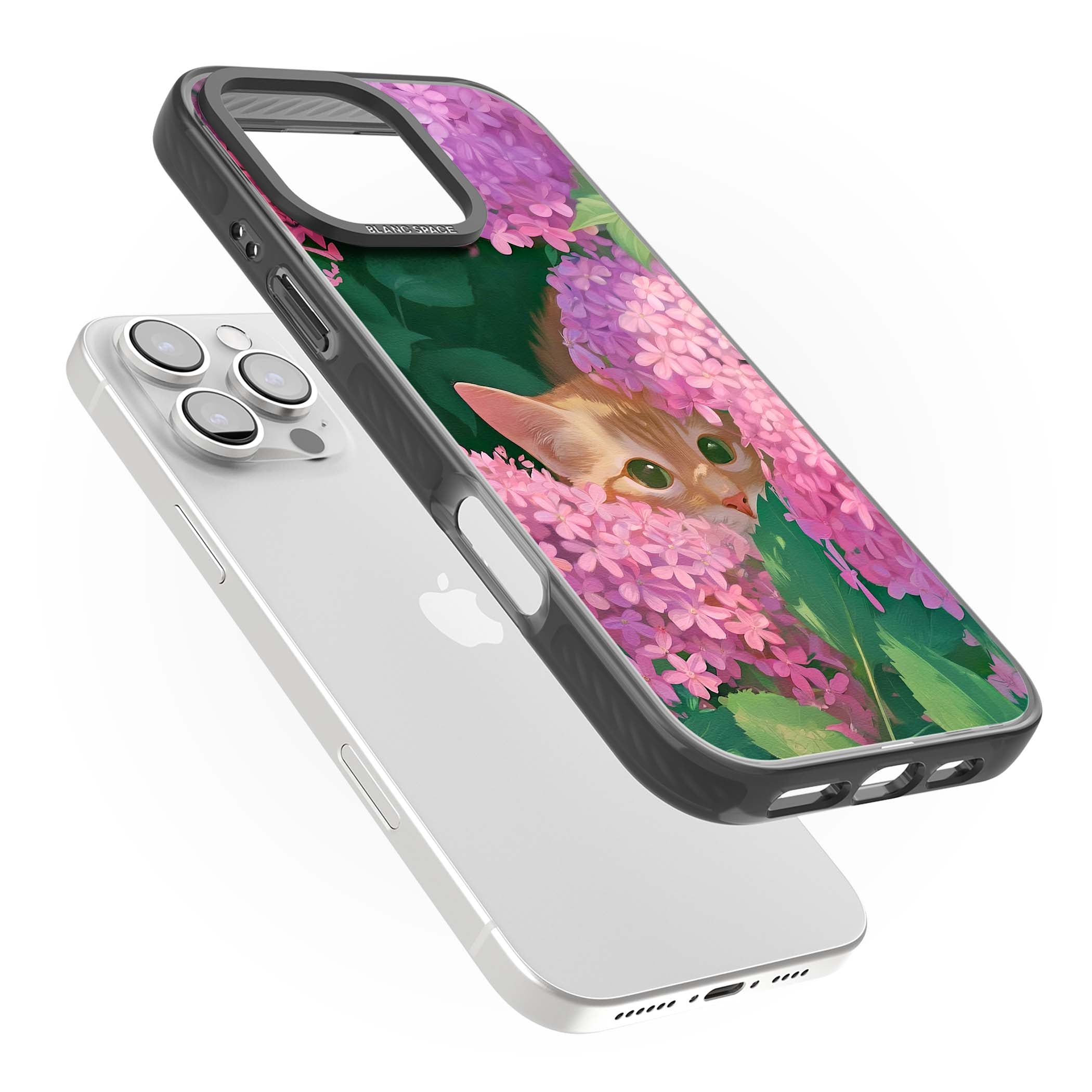 Cat In Pink Flowers cottagecore iPhone case featuring a ginger kitten peeking through lilac and pink hydrangea flo | Black Impact Magsafe case for iPhone 16 Pro, iPhone 16 Pro Max