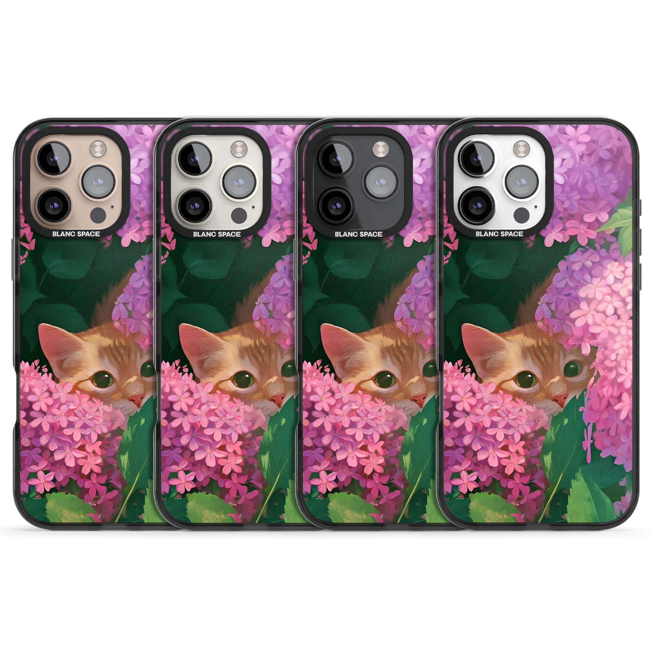 Cat In Pink Flowers cottagecore iPhone case featuring a ginger kitten peeking through lilac and pink hydrangea flo | Black Impact Magsafe case for iPhone 16 Pro, iPhone 16 Pro Max