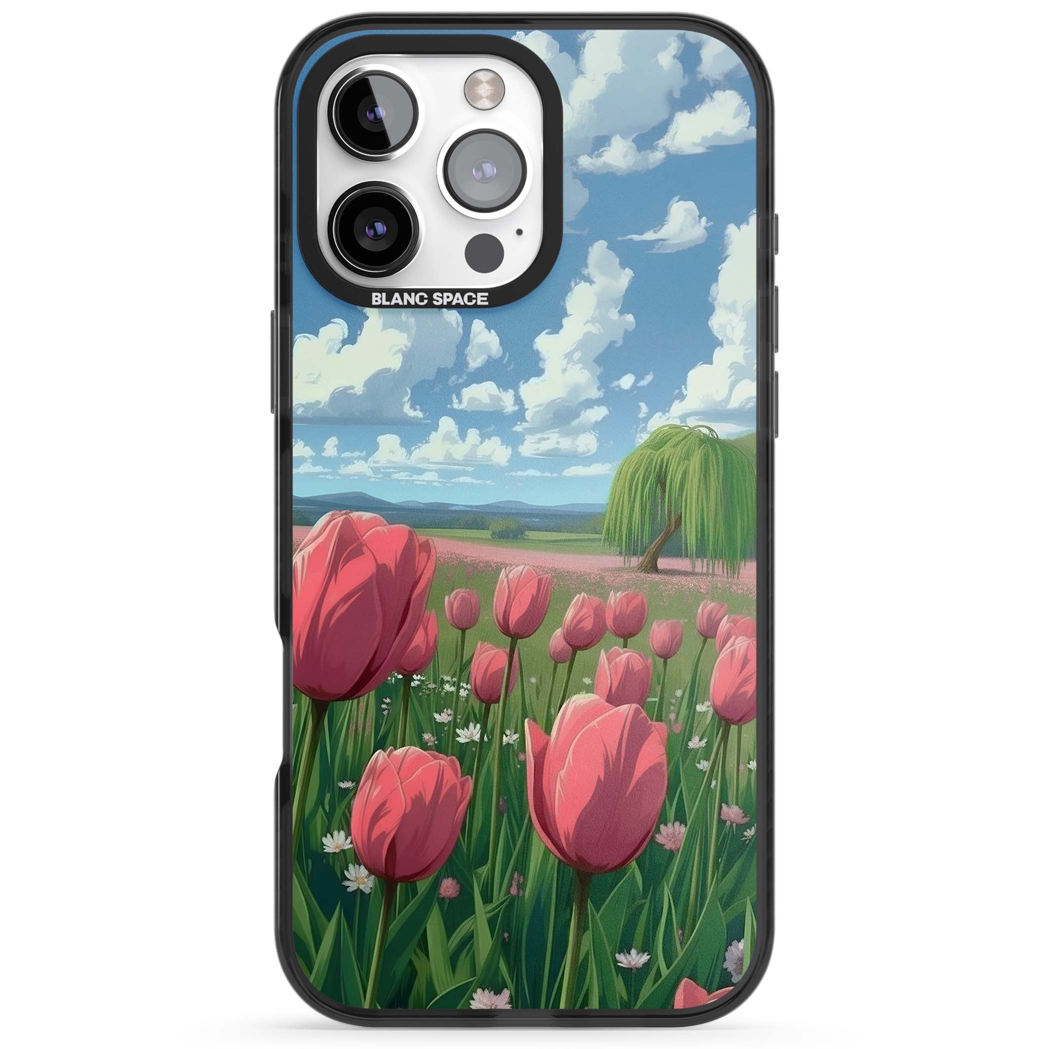 Willow By The Pink Tulips floral iPhone case | Black Impact Magsafe case for iPhone 16 Pro, iPhone 16 Pro Max