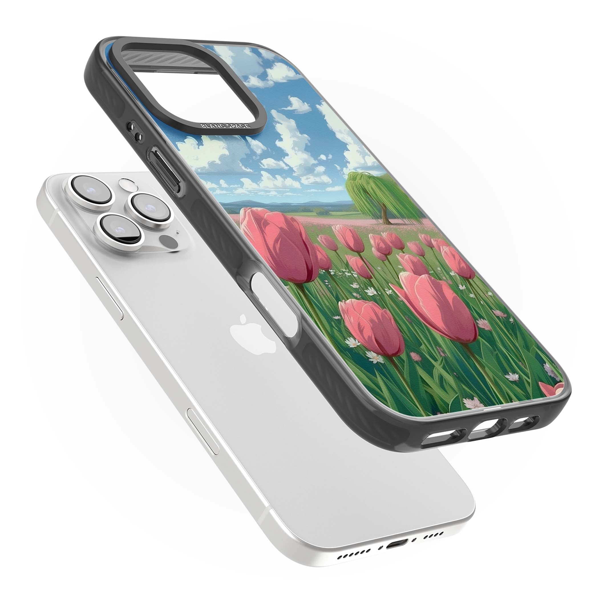 Willow By The Pink Tulips floral iPhone case | Black Impact Magsafe case for iPhone 16 Pro, iPhone 16 Pro Max