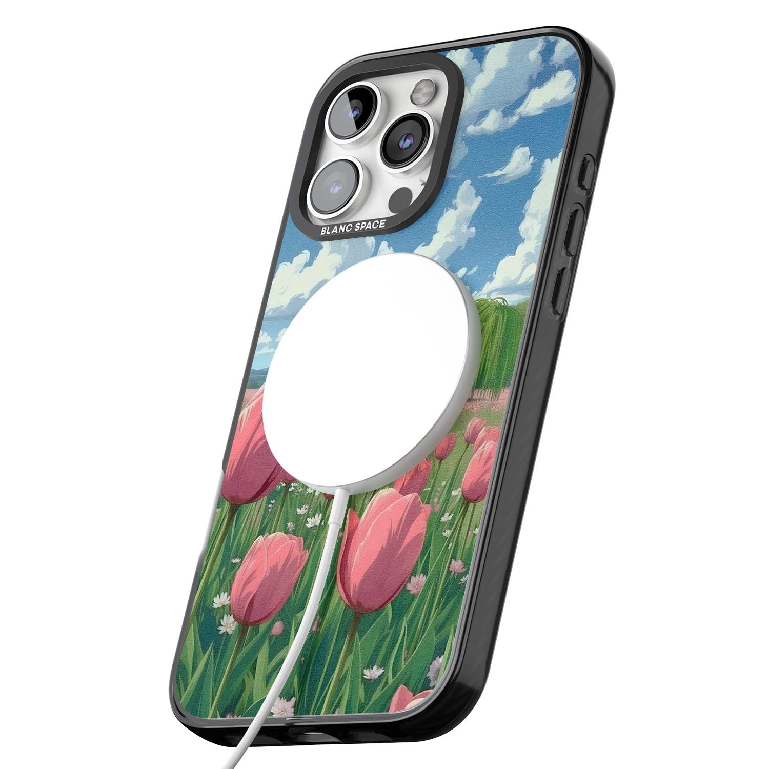 Willow By The Pink Tulips floral iPhone case | Black Impact Magsafe case for iPhone 16 Pro, iPhone 16 Pro Max