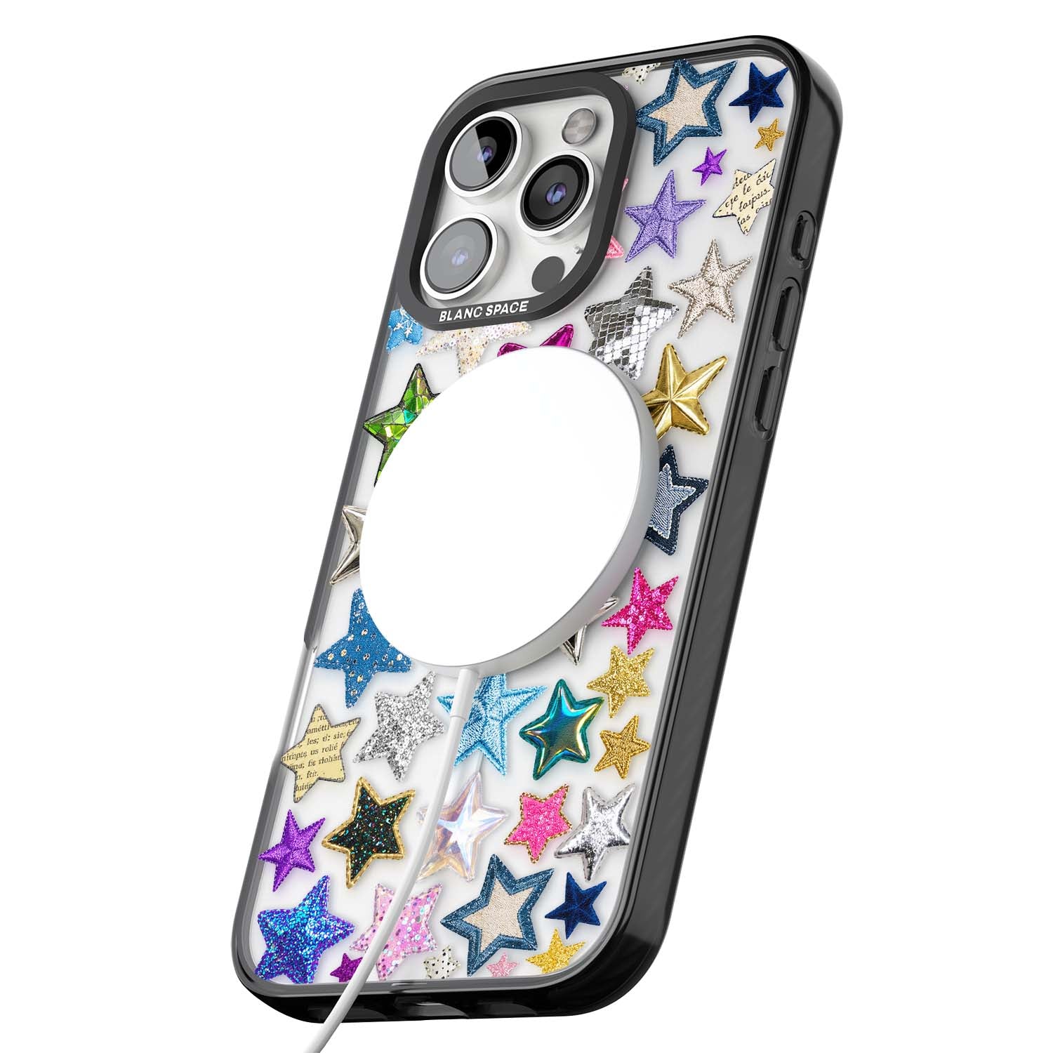 Crafty Star Mix Y2K iPhone case featuring embroidered, sequinned and glitter star patches in rainbow colours | Black Impact Magsafe case for iPhone 16 Pro, iPhone 16 Pro Max