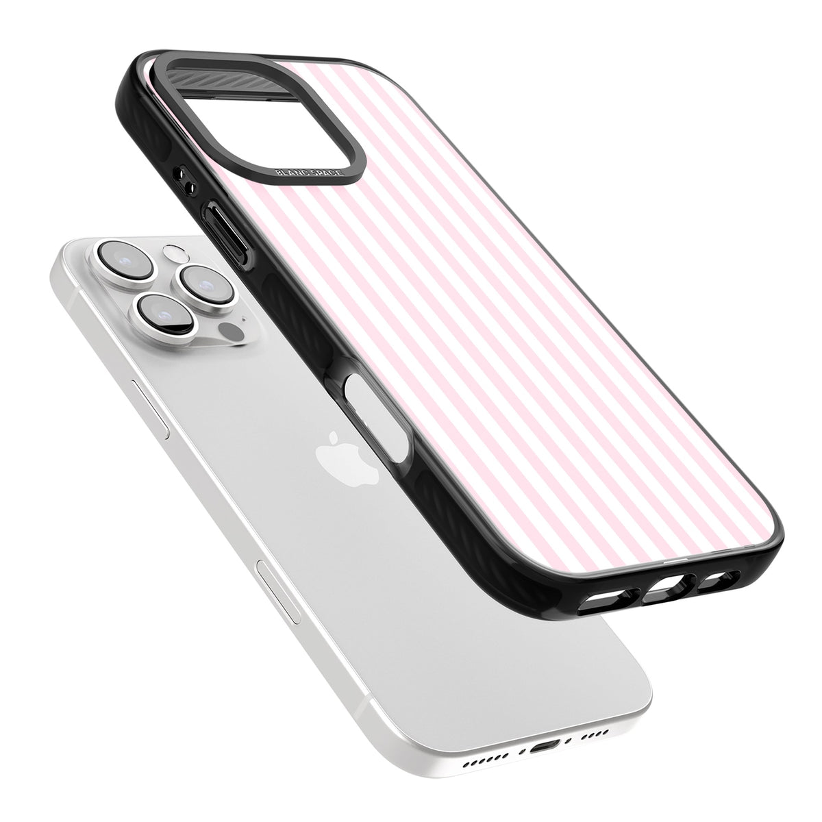 Pink Stripe preppy iPhone case featuring soft pastel pink and white vertical candy stripes iPhone 16 Pro / iPhone 16 Pro Max Impact Pro Black Phone Case angled