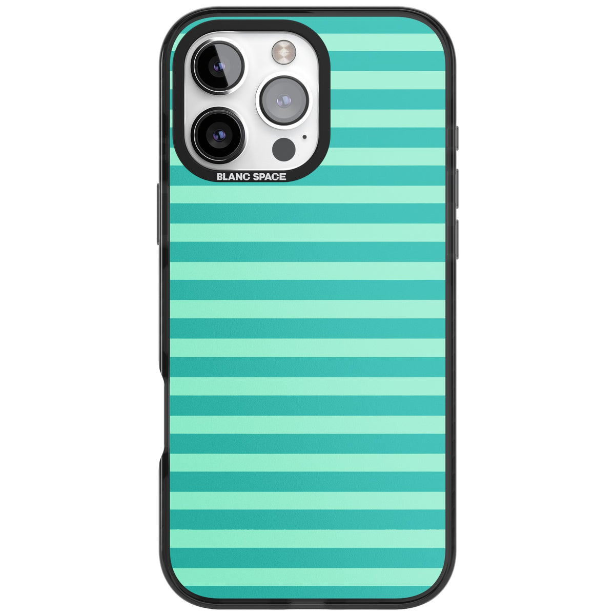 Turquoise Stripe preppy iPhone case featuring horizontal teal and mint green stripes on a black protective frame iPhone 16 Pro Max Impact Pro Black Phone Case front
