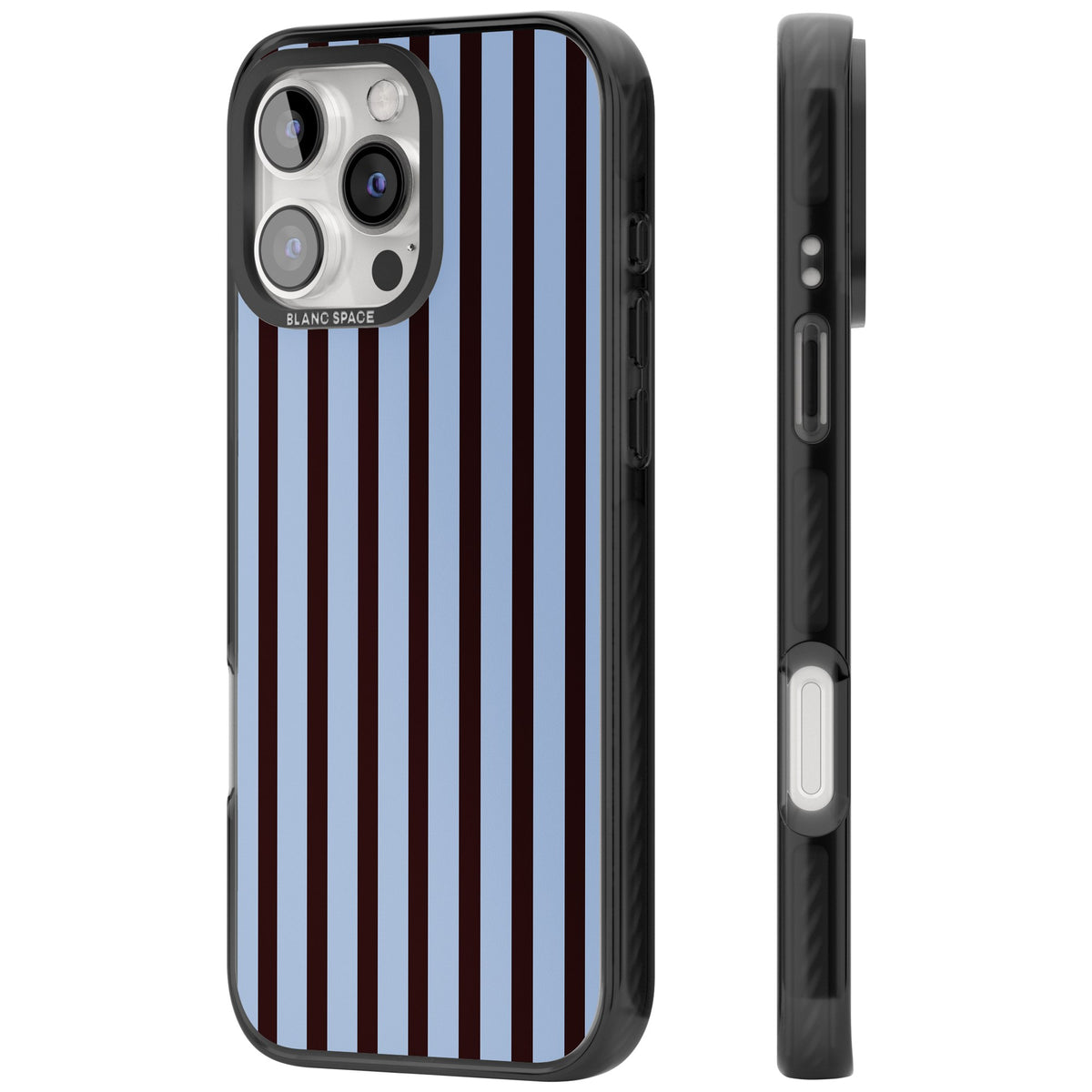 Blackcurrant Stripe preppy iPhone case featuring vertical burgundy and light blue stripes in a classic pinstripe layout iPhone 16 Pro / iPhone 16 Pro Max Impact Pro Black Phone Case side