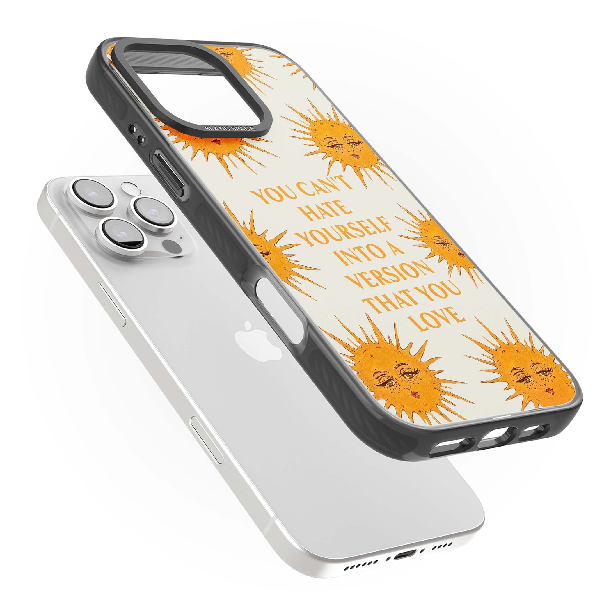 Don't Hate Yourself celestial iPhone case featuring vintage sun faces, ochre rays and a self-love quote | Black Impact Magsafe case for iPhone 16 Pro, iPhone 16 Pro Max